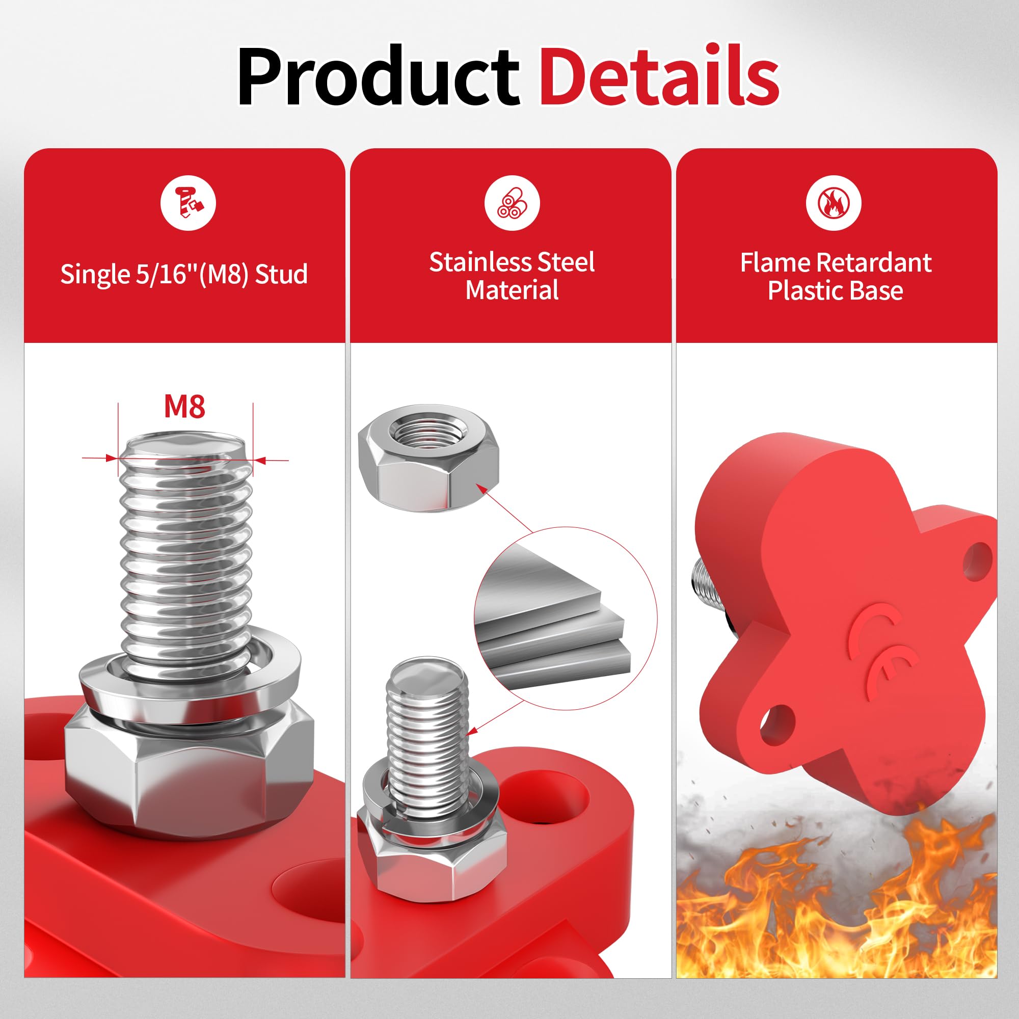 Joinfworld Bus Bar 12V 250A Power Distribution Block Single 5/16'' Stud Battery Post Junction Block For Marine Automotive Car Bo