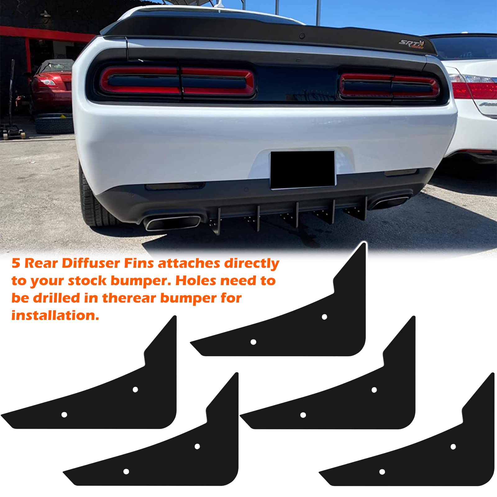 Rear Diffuser 5 Fins V3 Set For Dodge Challenger 2015-2024 Stock Rear Bumper, Black Rear Bumper Diffuser Shark Fin