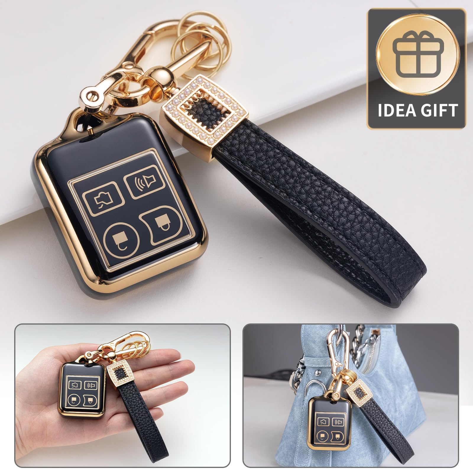 CACARLIKE for Ford Key Fob Cover with Leather Lanyard, Car Key Fob Case Compatible with Ford Mustang Edge Escape Expedition Expl