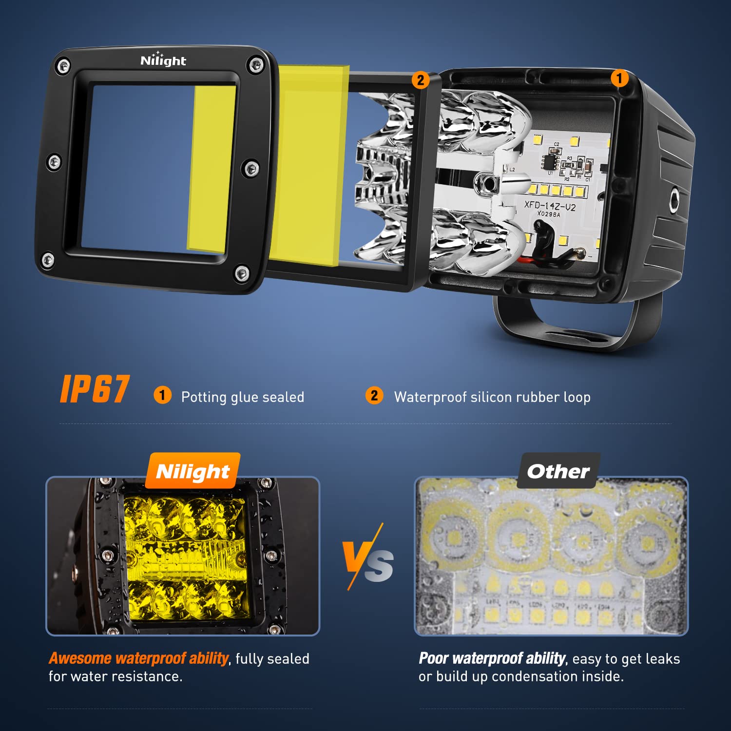 Nilight 2Pcs 3Inch Amber Led Pods 42W Led Cubes Upgraded Spot Flood Combo Driving Backup Light Reverse Light With Off Road Wirin