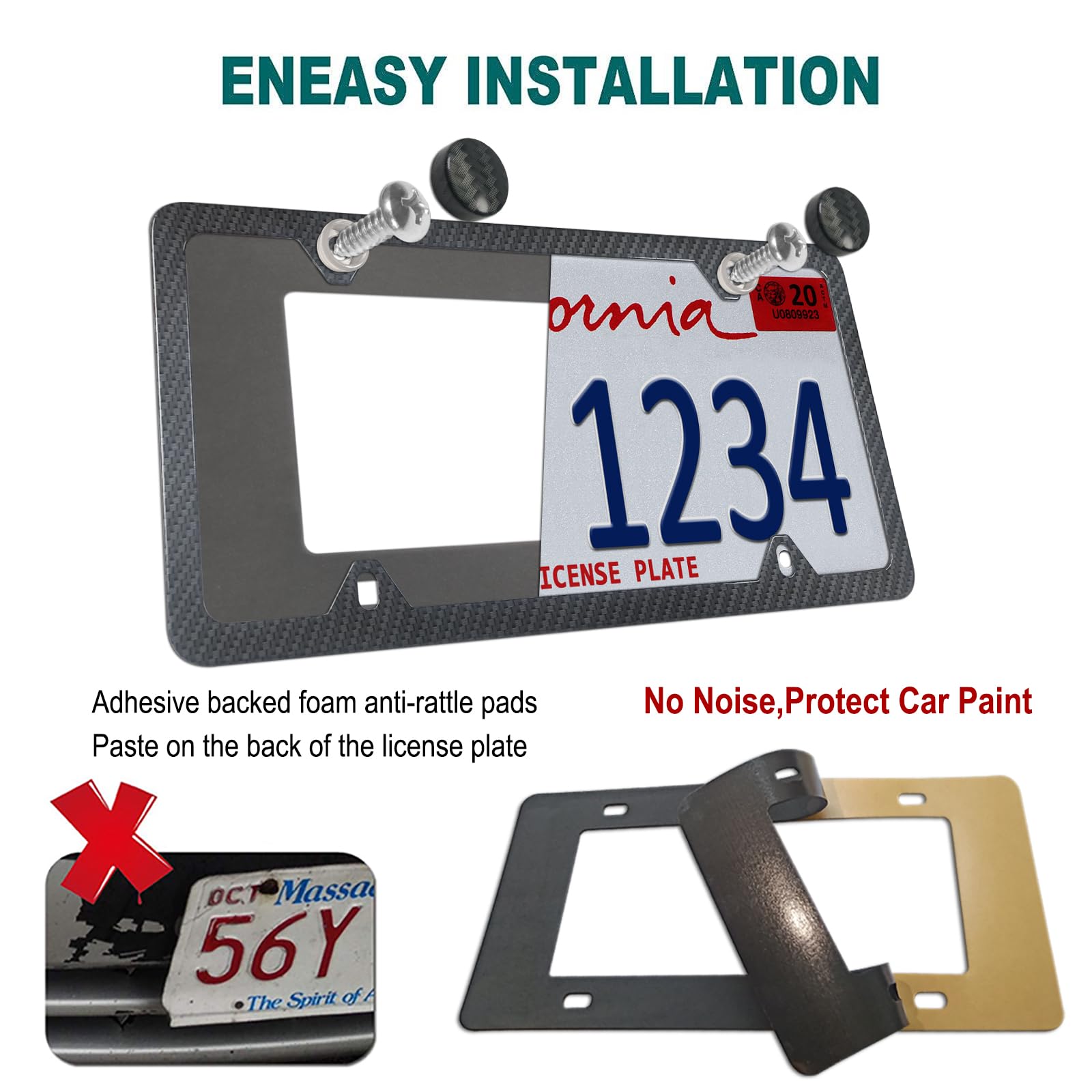 Aootf Carbon Fiber License Plate Frame- Heavy Duty Black Aluminum Car Tag Cover Printed Carbon Patterns, Slim Front & Rear Holde
