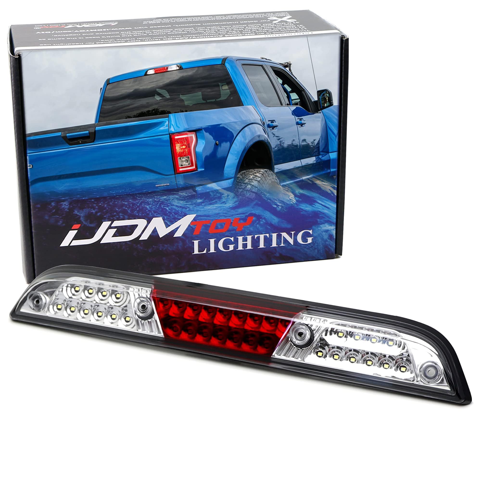 Ijdmtoy Clear/Red Lens W/Chrome Reflector Full Led High Mount Third Brake Lamp W/ F1 Strobe Flash Feature Compatible With Ford 2