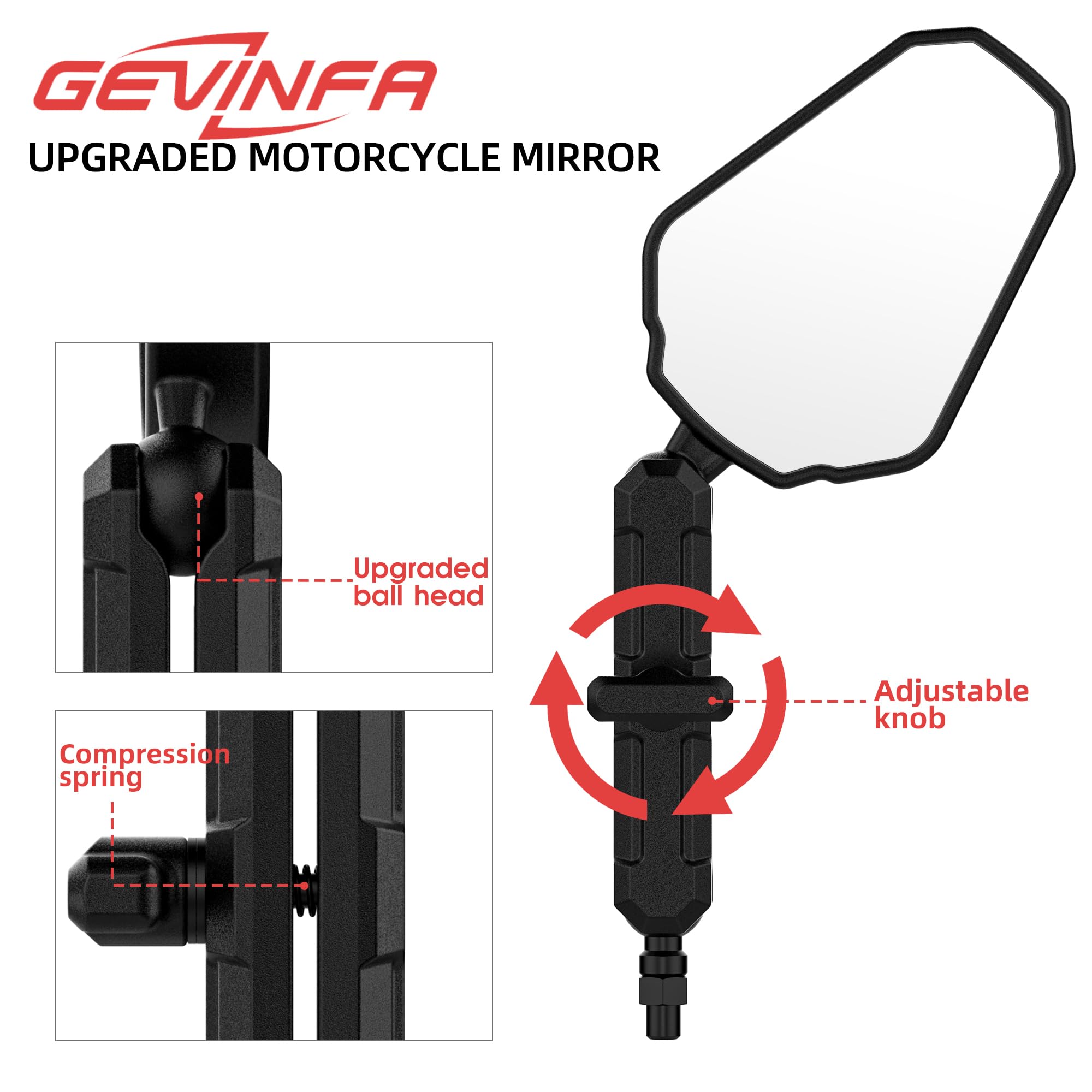 Tewgug Upgraded Universal Motorcycle Mirror,Adventure Ball-Head Atv Rear View Mirror No Vibration & Wobble With 8/10Mm Screw And 7/8' Handlebar Aluminum Mount Compatible With Atv Dirt Bike And More