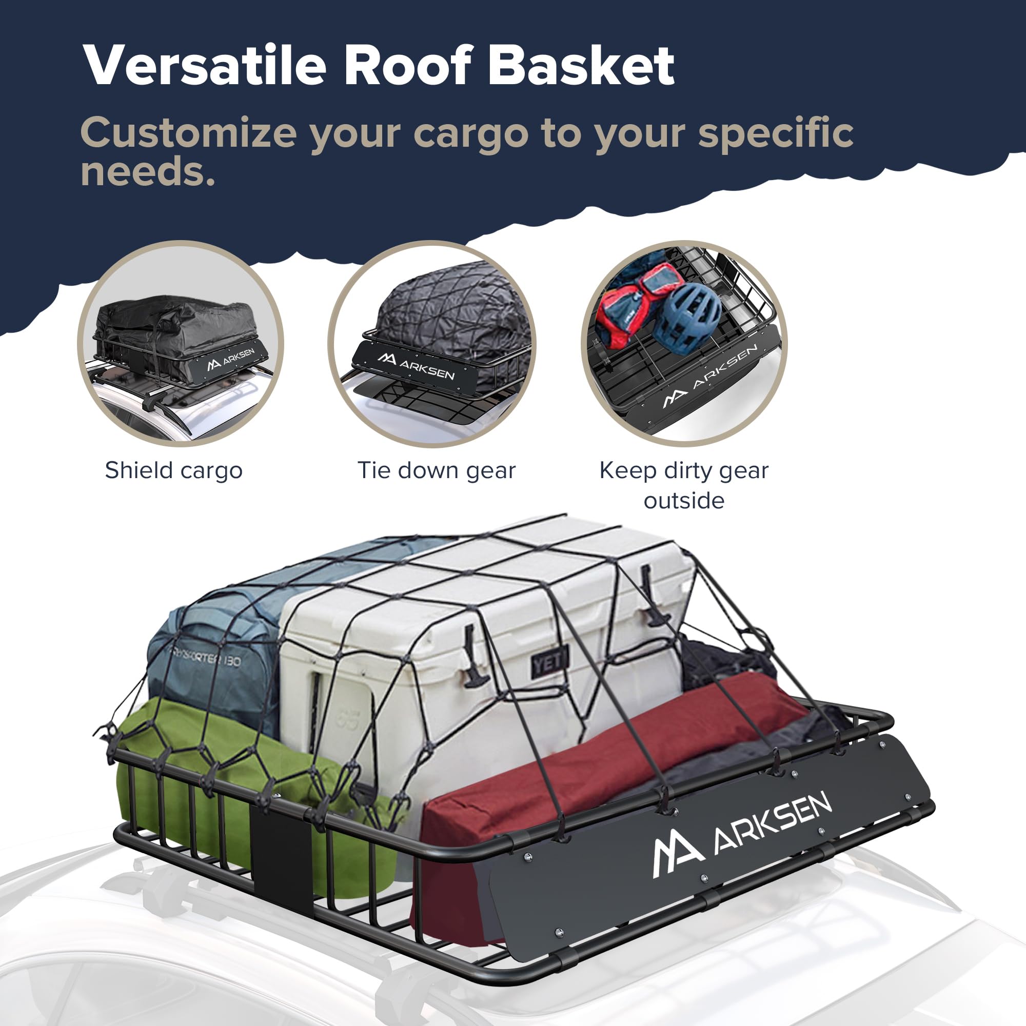 Arksen 43 X 50 X 6 Inch Universal Extra Wide 250Lb Heavy Duty Roof Rack Cargo With Ratchet Straps, Cargo Net, Car Top Luggage Ho