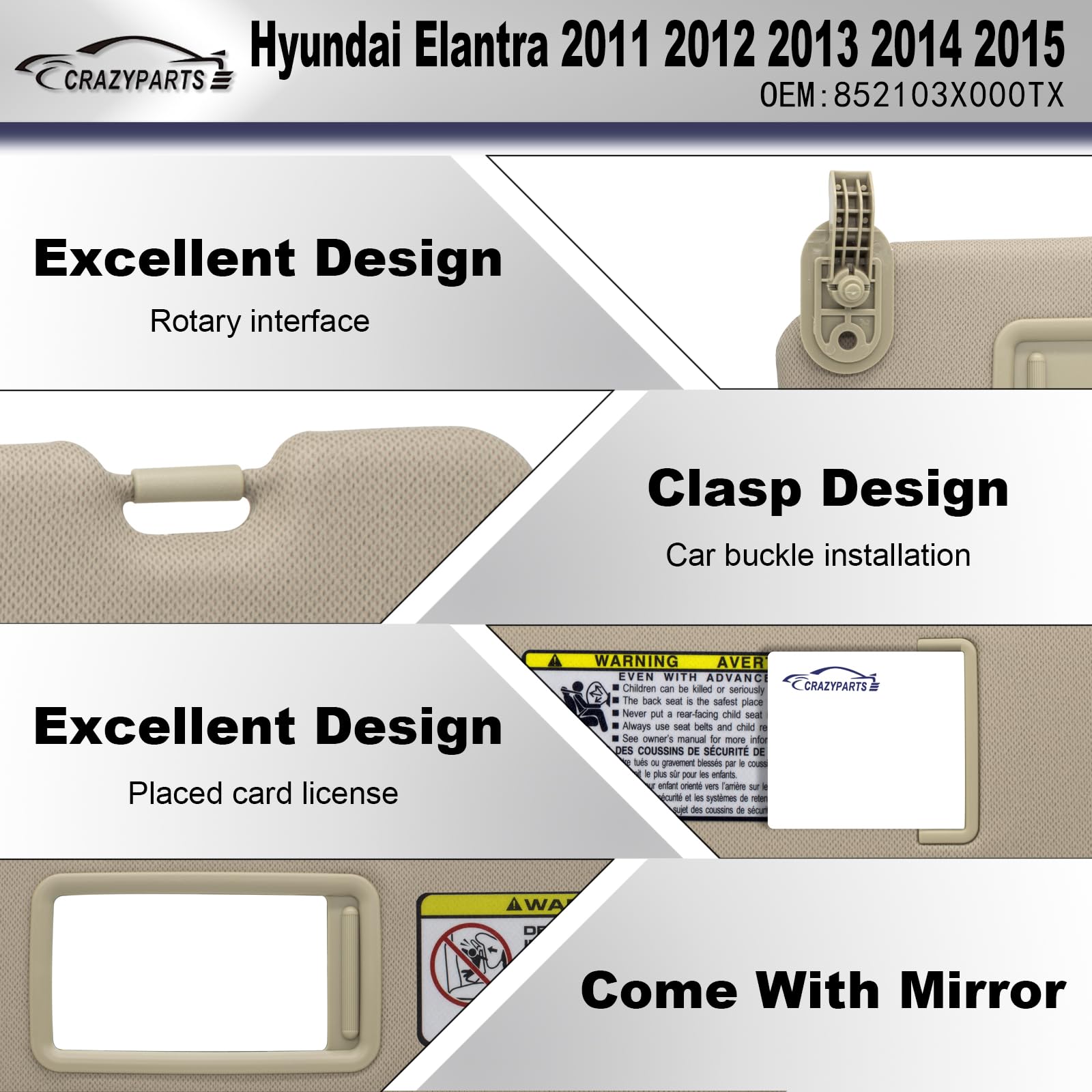 Crazyparts Driver Left & Passenger Right Side Sun Visor Compatible With Hyundai Elantra 2011-2015 Hyundai Veloster 2006-2016 Rep