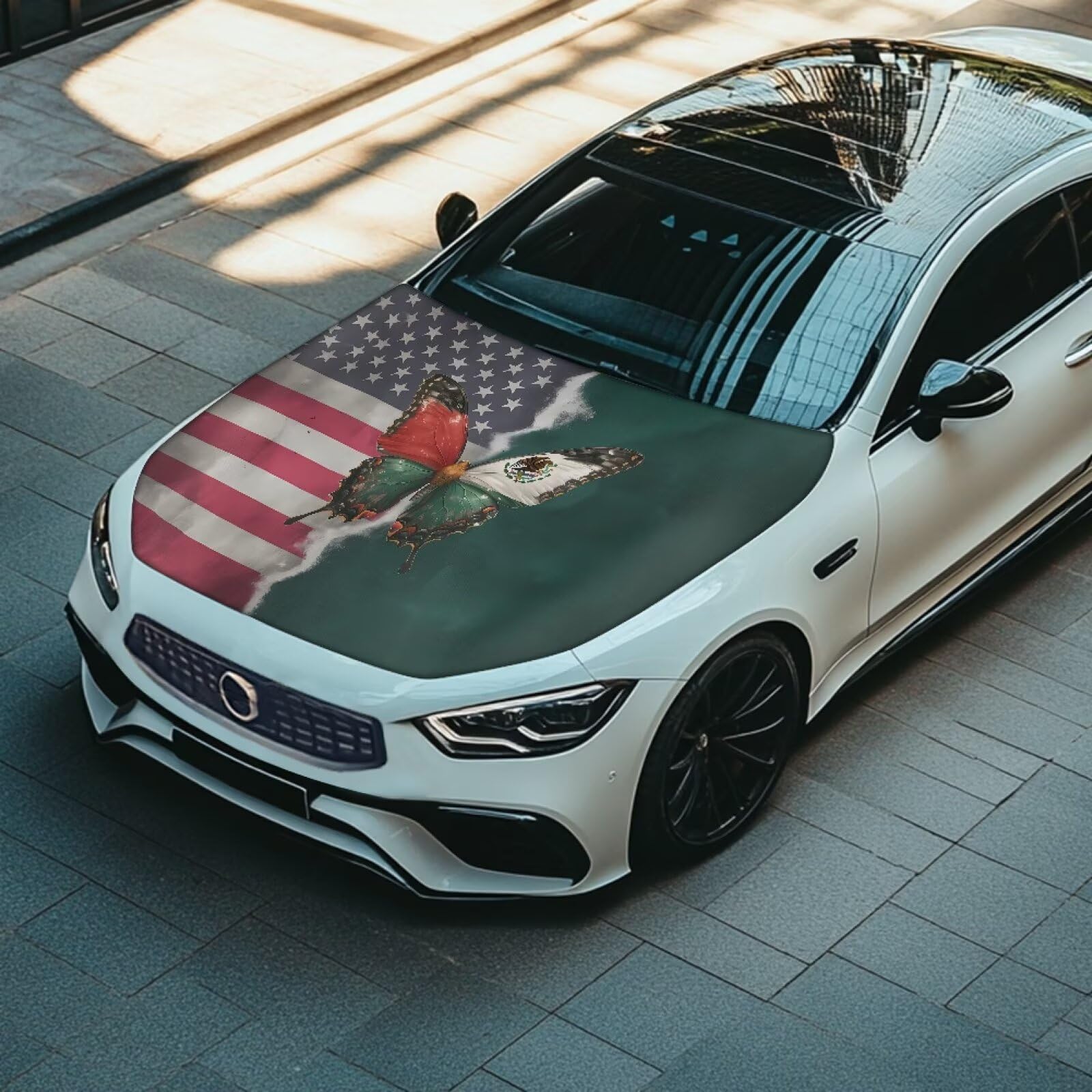 USA Flag Butterfly Hood Cover for Car Sedans SUV Trucks, 59  39 Inch Stretchable Mexican Flag Design Auto Hood Wrap Blankets, Un