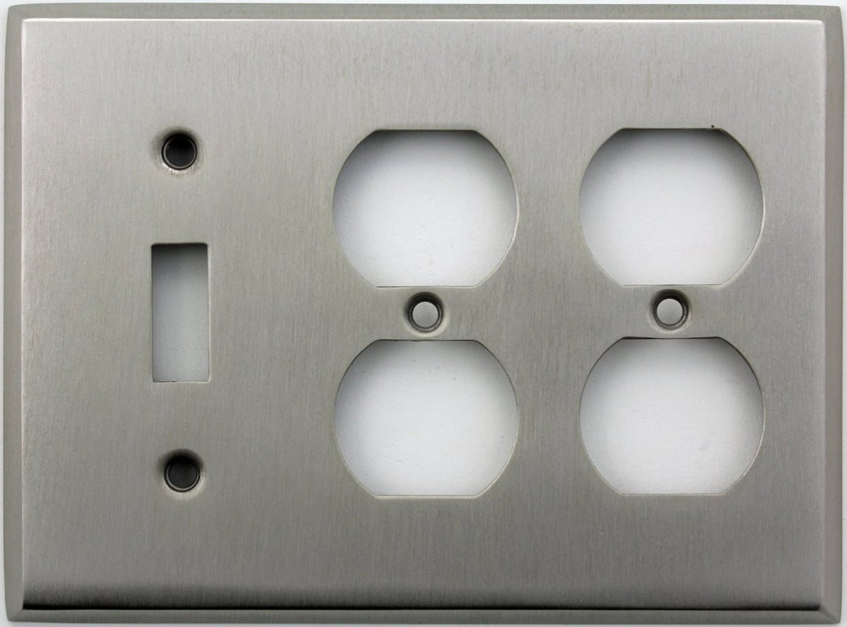 Classic Accents Stamped Steel Satin Nickel Three Gang Wall Plate - One Toggle Light Switch Opening Two Duplex Outlet Opening