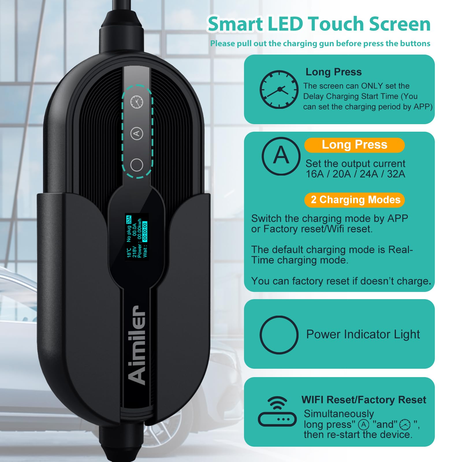 AIMILER Level 2 EV Charger, 32A, 25ft Cable, ETL Certified, NEMA 14-50P Plug, J1772 Connector, Black, Portable Charging Station