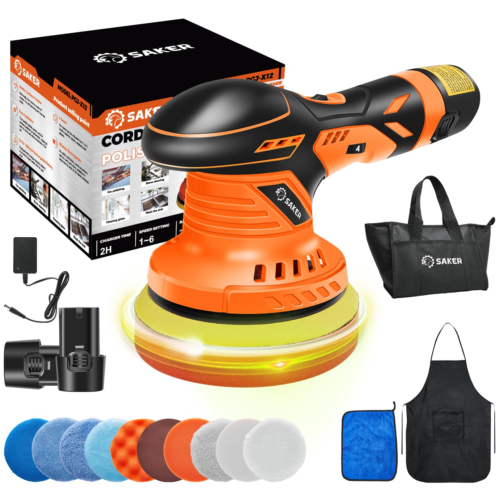 Saker Cordless Buffer Polisher, 6 Inch Fast Charging Portable Car Polishing Kit with 2PCS 12V 2000mAh Batteries, Polisher for Ca