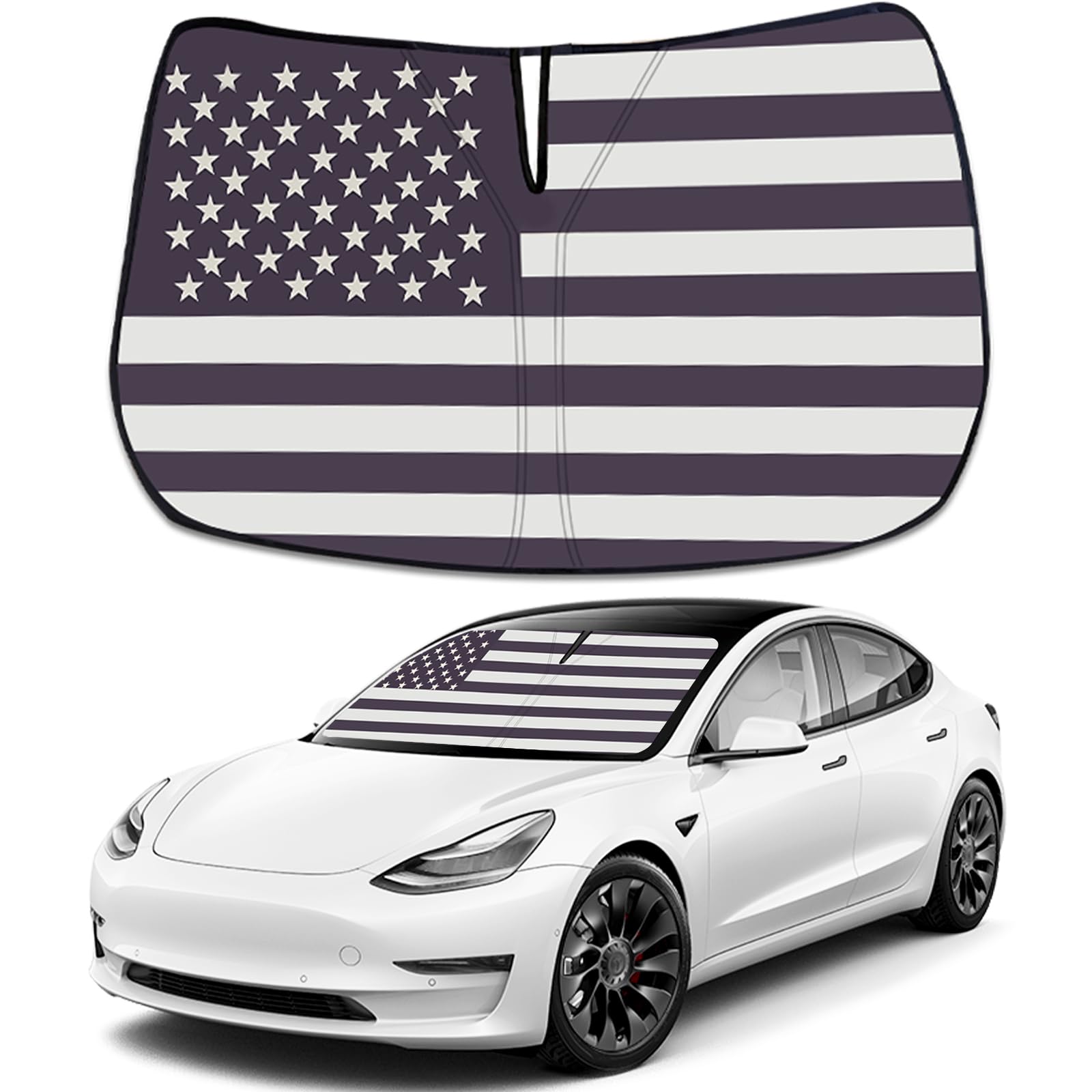 Moricere Upgrade Windshield Sun Shade With Usa Flag For Tesla Model Y 2019-2023, Foldable Windshield Sun Visor Blocks Uv Rays