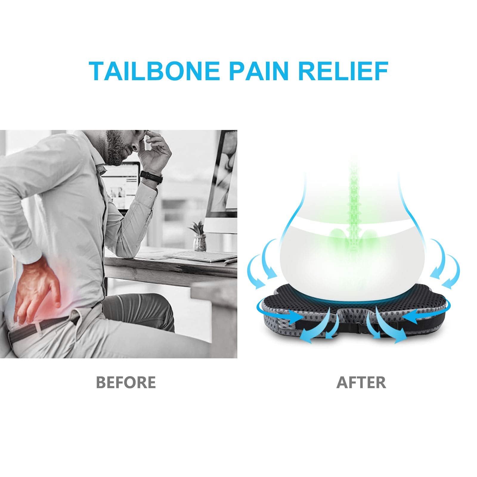 CarQiWireless Grey Coccyx Seat Cushion Pad for Sciatica Relief - Heightening Wedge Booster for Cars & Office - Onesize