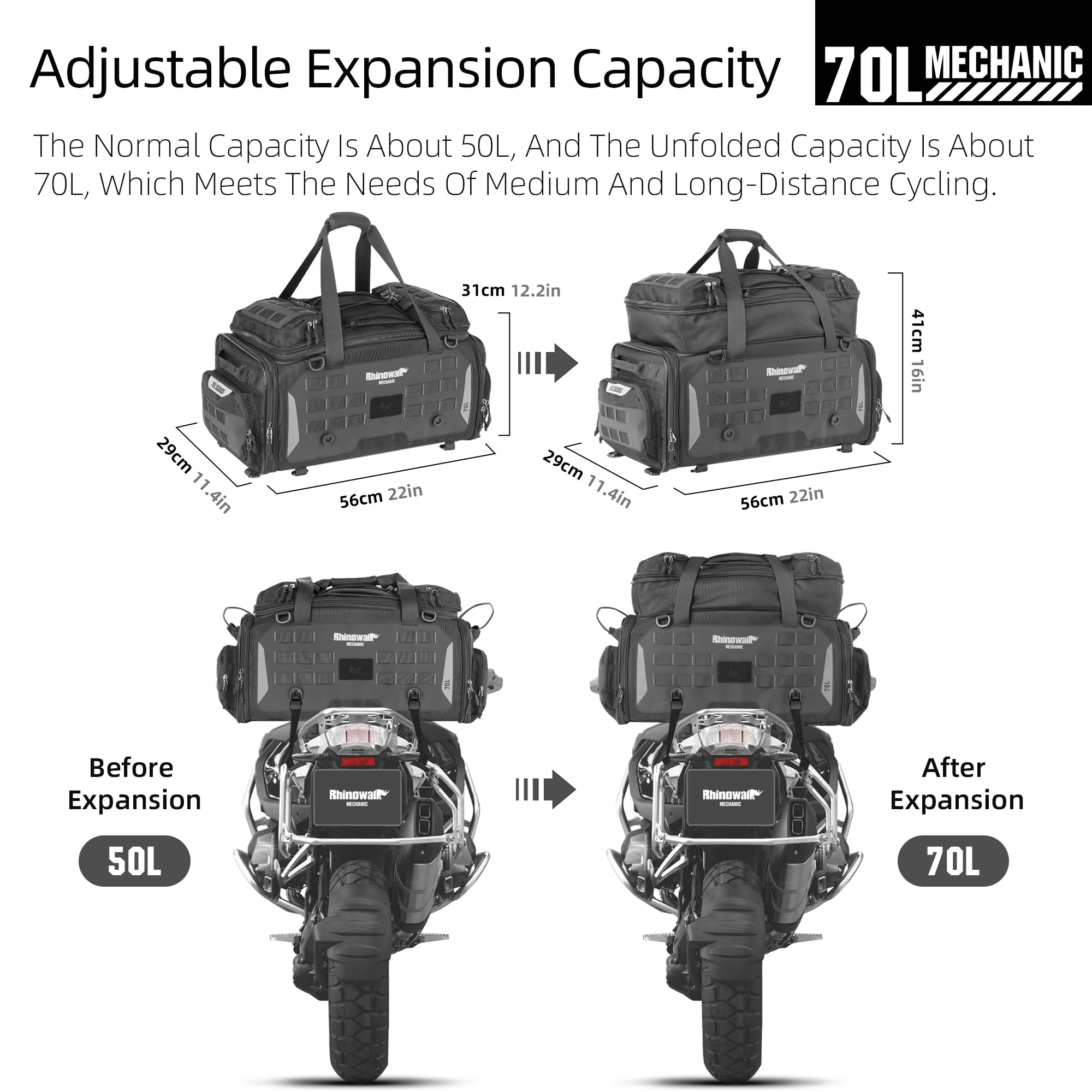 HUNTVP Motorcycle Tail Bag 50-70L Waterproof Expandable Motorcycle Bags for Back Seat Rear Rack Bag Motorbike Trunk Travel Lugga