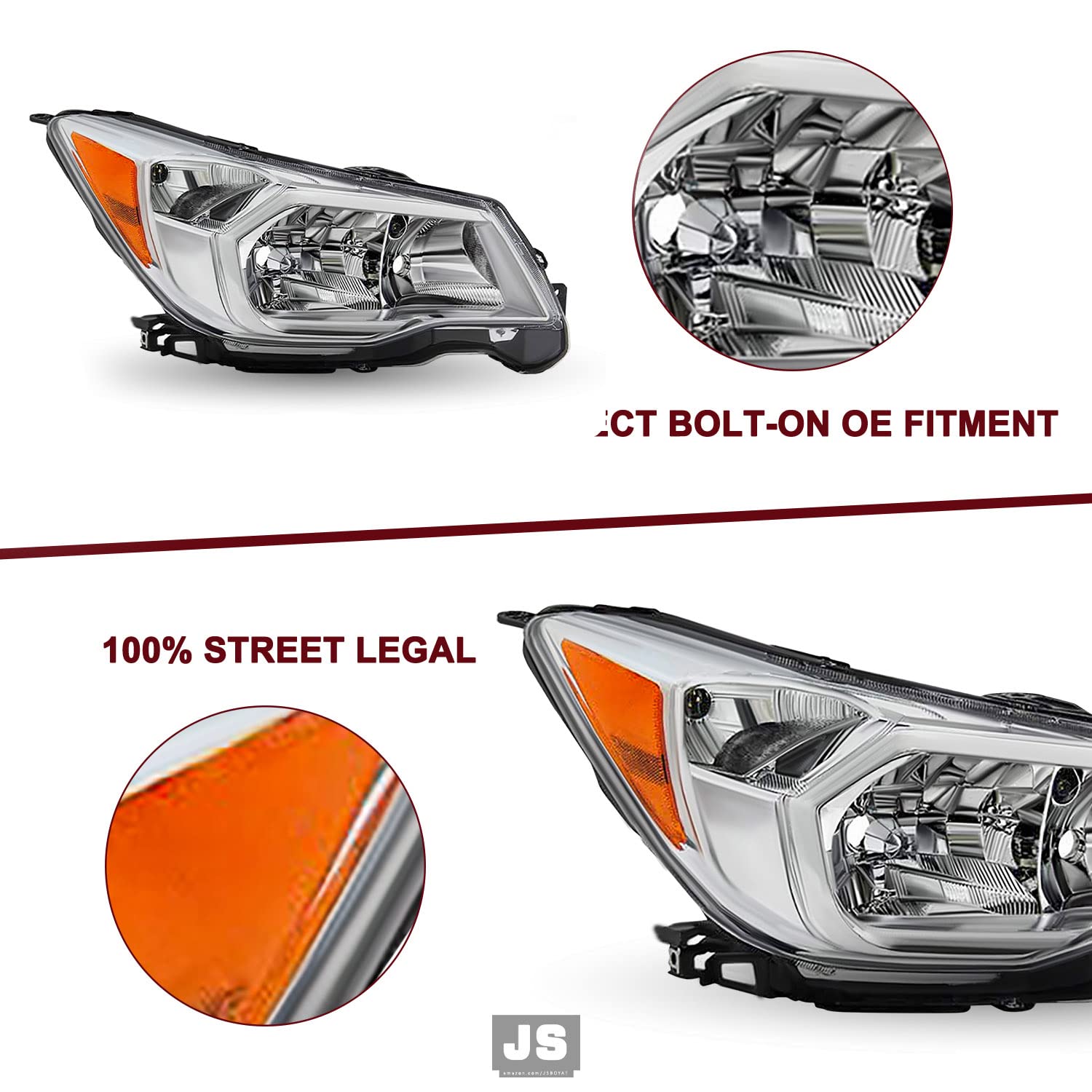 Jsboyat For 2014-2016 Subaru Forester Halogen Headlight Assembly Replacement Chrome Housing Amber Reflector Right Passenger Side