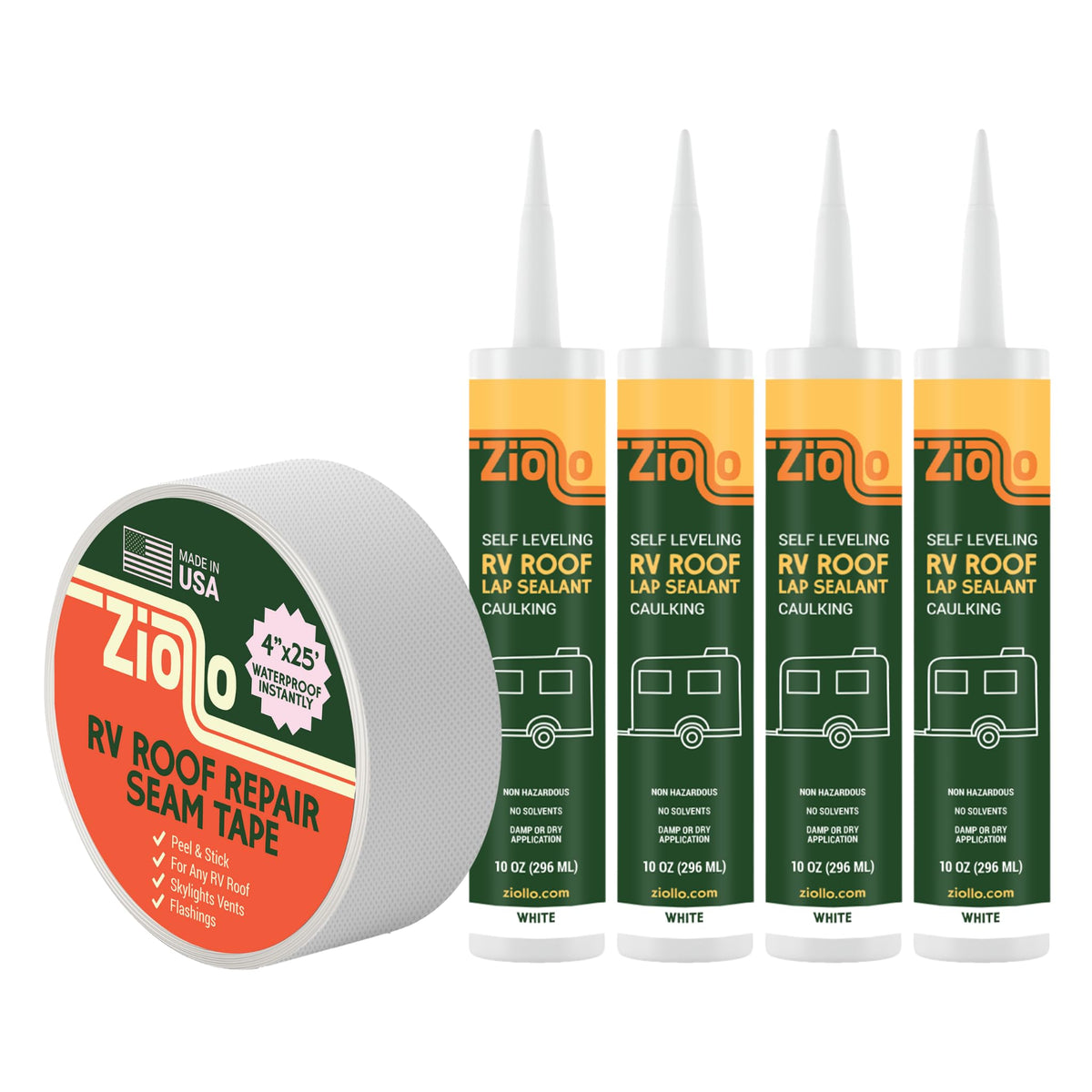 Ziollo RV Repair Kit with 4 x 10oz Tubes of Self Leveling Caulking Lap Sealant & 1 RV Roof Repair Seam Tape 4 x 25' | White | 