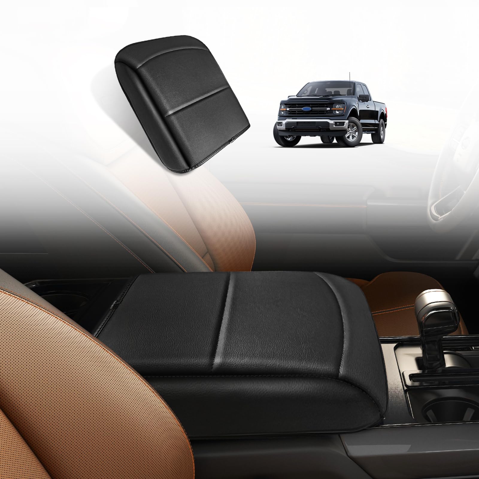 Muslogy Center Console Armrest Cover Compatible With Ford F150 2021-2024 2025 Comfort Armrest Pad Arm Rest Cushion Vegan Leather