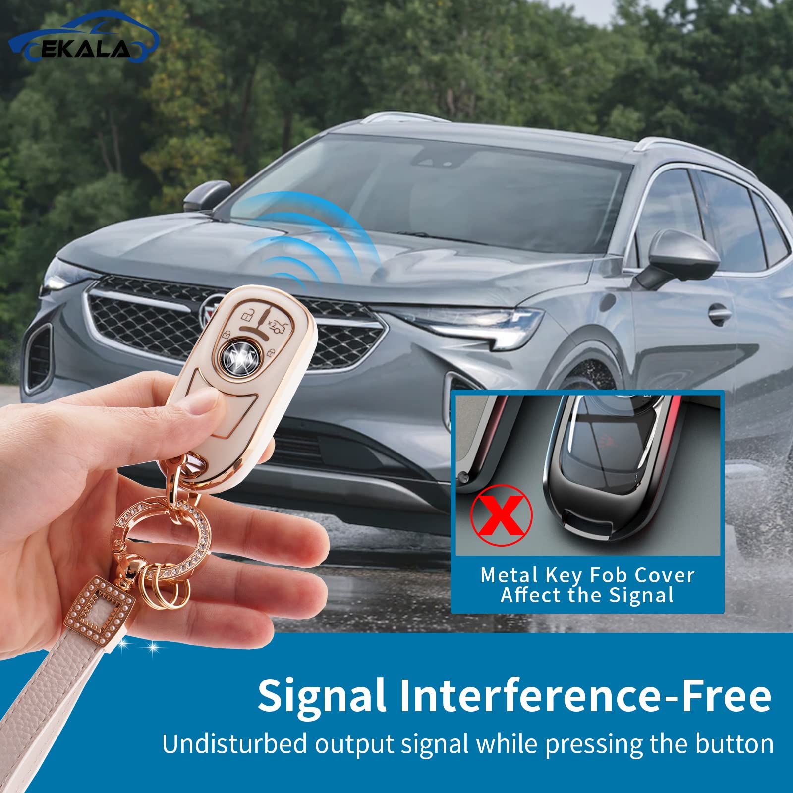 EKALA for Buick Key Fob Cover with Leather Key Fob Keychain, 4 Buttons Soft TPU Keys Case Shell with Gold Keychain Compatible wi