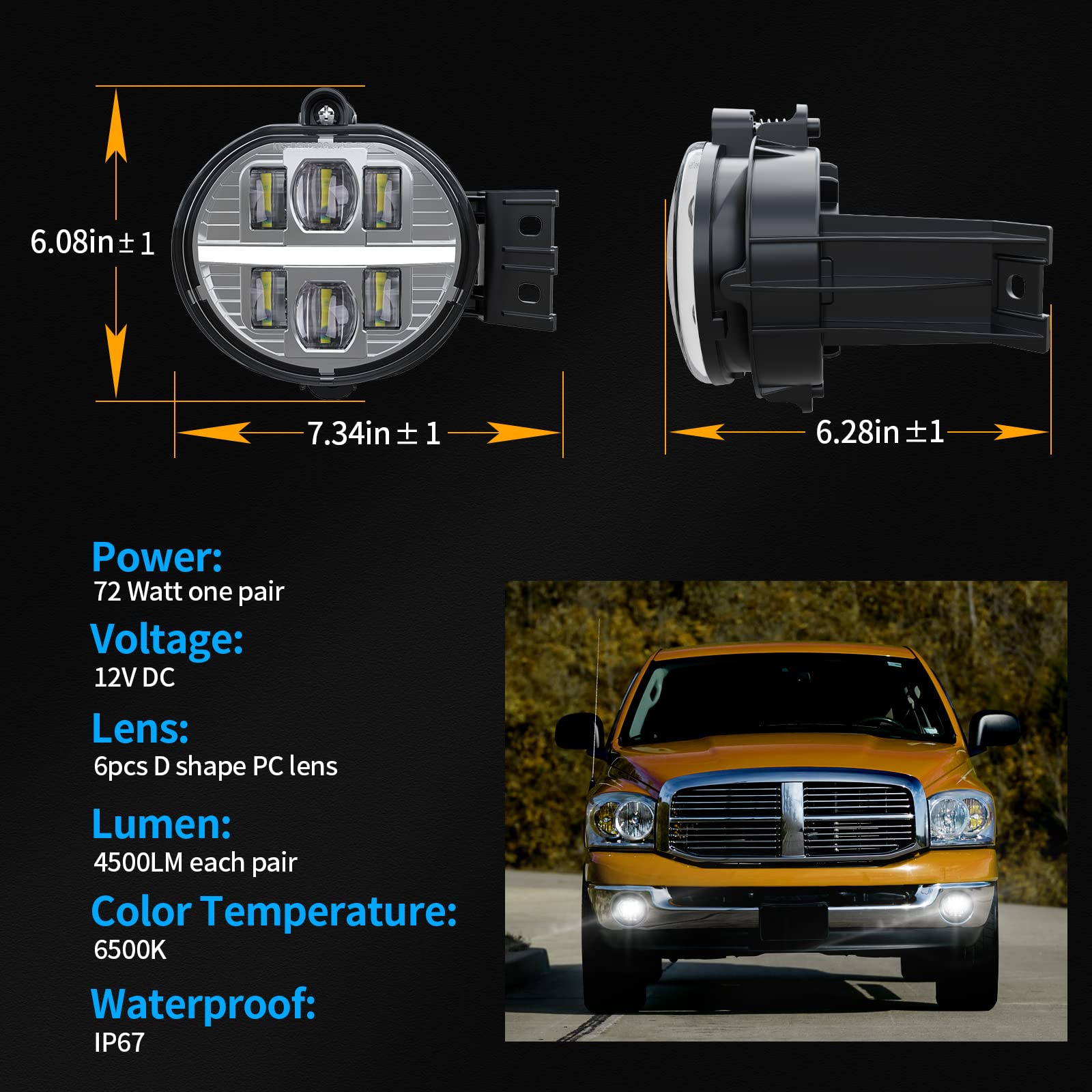 BICYACO LED Fog Light with DRL Compatible with Dodge Ram 1500 2002-2008 Dodge Ram 2500/3500 Pickup Truck 2003 2004 2005 2006 2007 2008 2009-1 Pair (Silver)