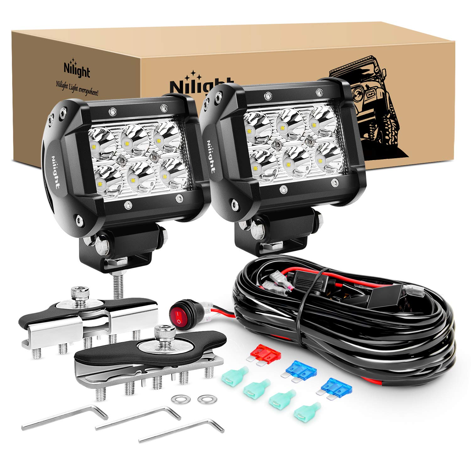 Nilight 2Pcs 4 Inch 18W Spot Led Pods Universal Adjustable Pillar Hood Led Work Light Mount Bracket With Off Road Wiring Harness