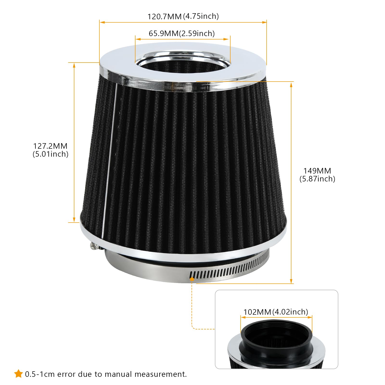 Ptnhz Universal Black 4'' 102Mm High Flow Cold Air Intake Cone Air Filter Power Intake Air Inlet System Air Cleaner