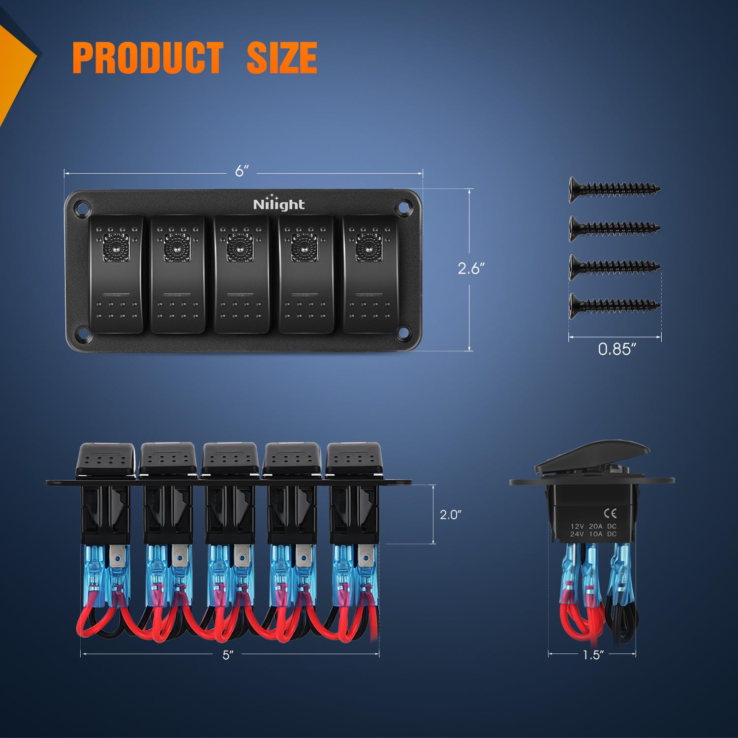 Nilight 5 Gang Rocker Switch Panel With Purple Led Light 5 Pin On Off Pre-Wired Rocker Switch Aluminum Panel Toggle Switch Panel