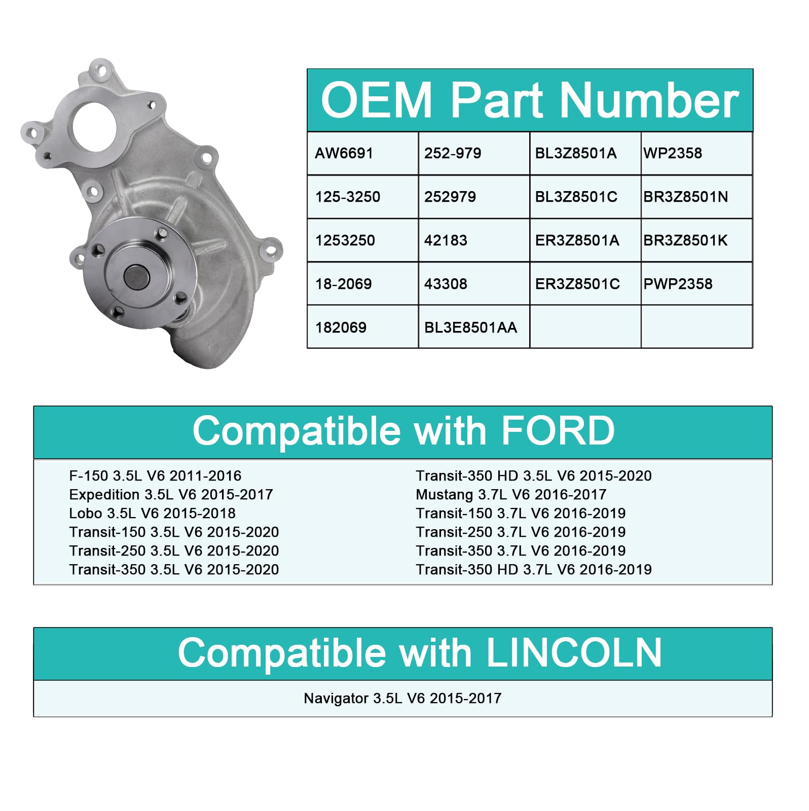 AULINK AW6691 Water Pump (4 Bolt pulley flange 3.5L 3.7L) For Ford F150 2011-2016,Expedition 2015-2017,Lobo 2015-2018,Transit-15