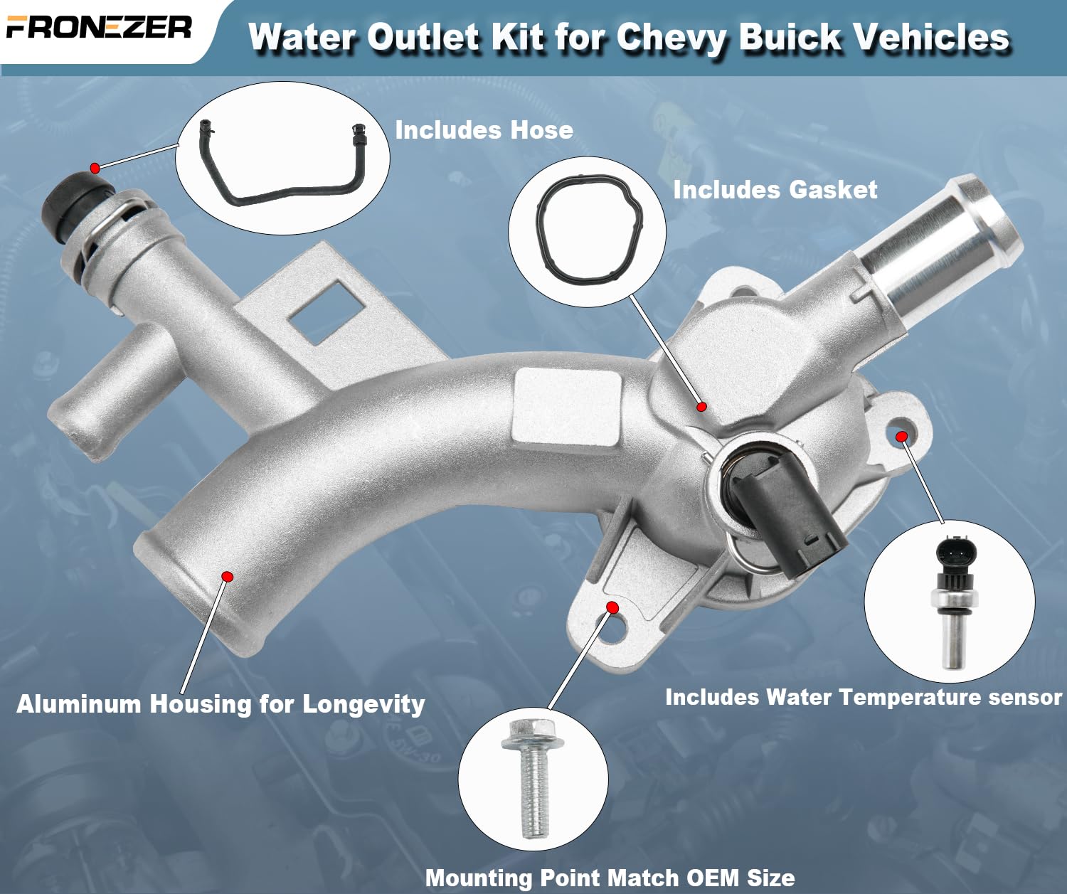Aluminum Engine Coolant Thermostat Housing Water Outlet Kit with Coolant Reservoir Inlet Hose Compatible with 2011-2021 Chevy Cr