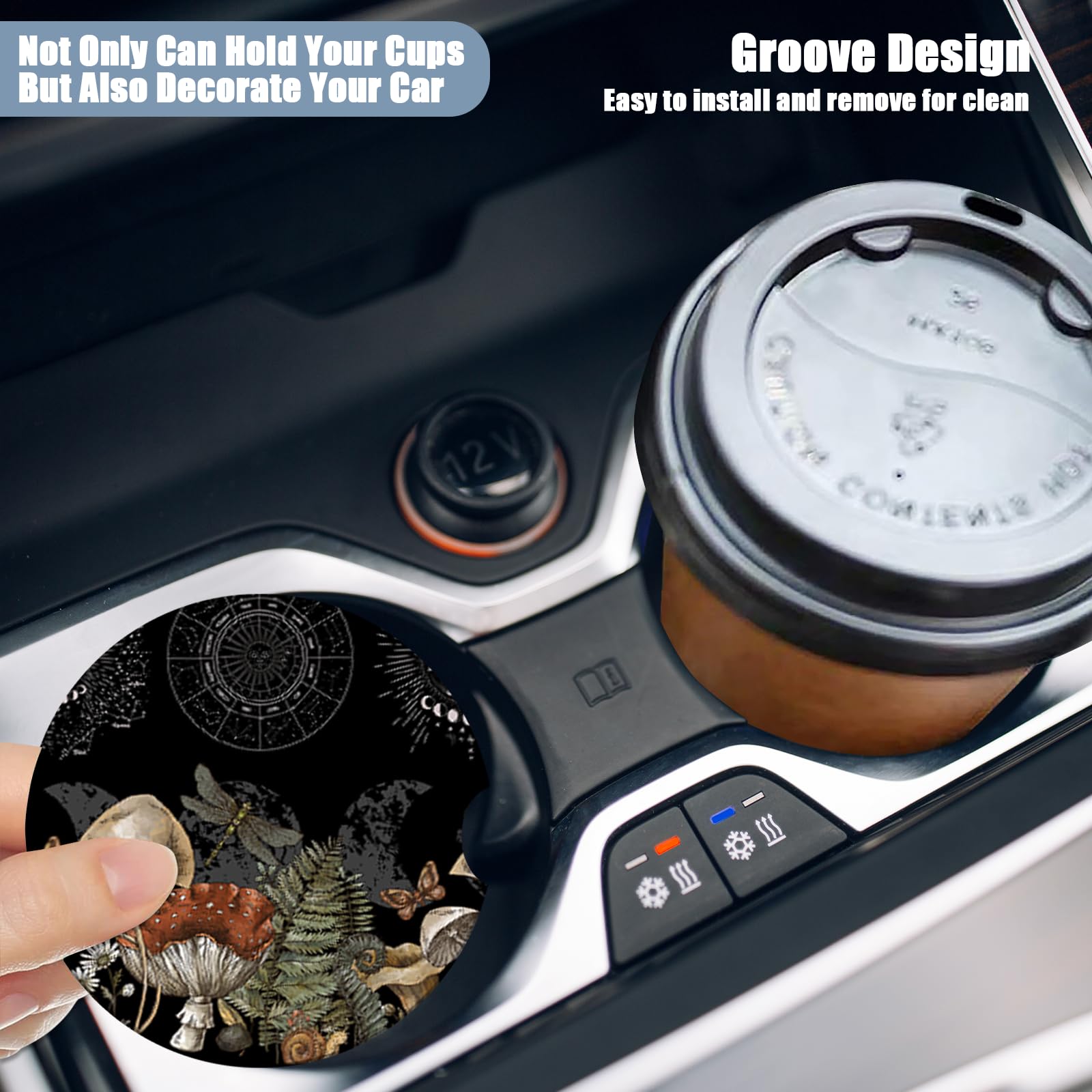 Magic Forest Mushroom Car Cup Holder Coaster - Moon Phase Absorbent Ceramic Coaster, Car Coasters for Cup Holders, Auto Accessor