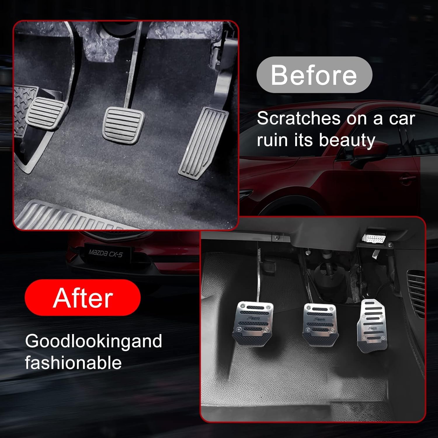 Jeseny 3 Pcs Car Non-Slip Aluminum Alloy Pedal Pads, Manual/Automatic Gearbox Gas Pedal Brake Pedal Cover, Anti-Rubbing Car Clutch Pedal Kits, Auto Universal Replacement Accessories (Silver)