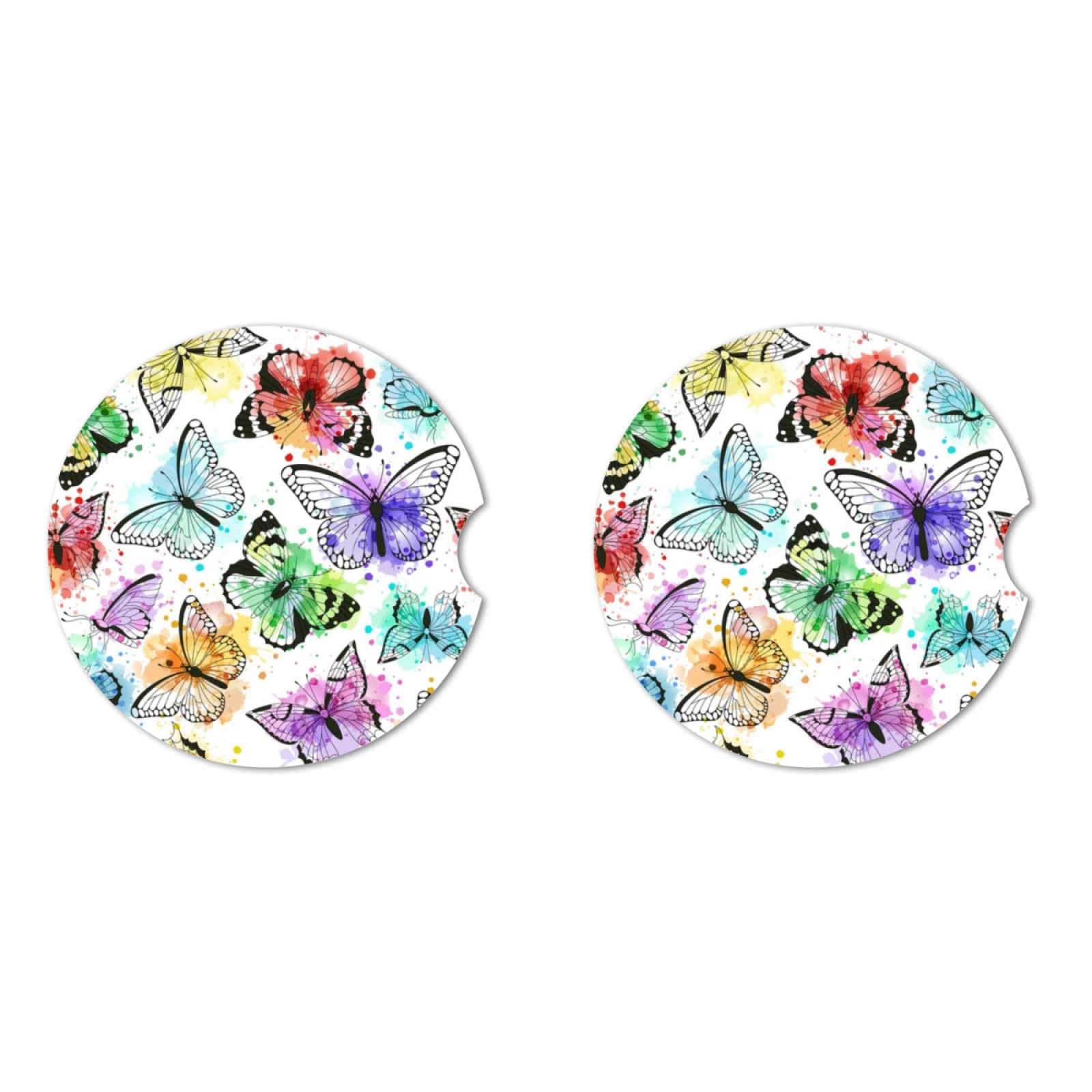 Watercolor Rainbow Butterfly Absorbent Car Cup Coasters,Cup Holders,Cork Base Drink Coasters With Finger Notch For Easy Move Of
