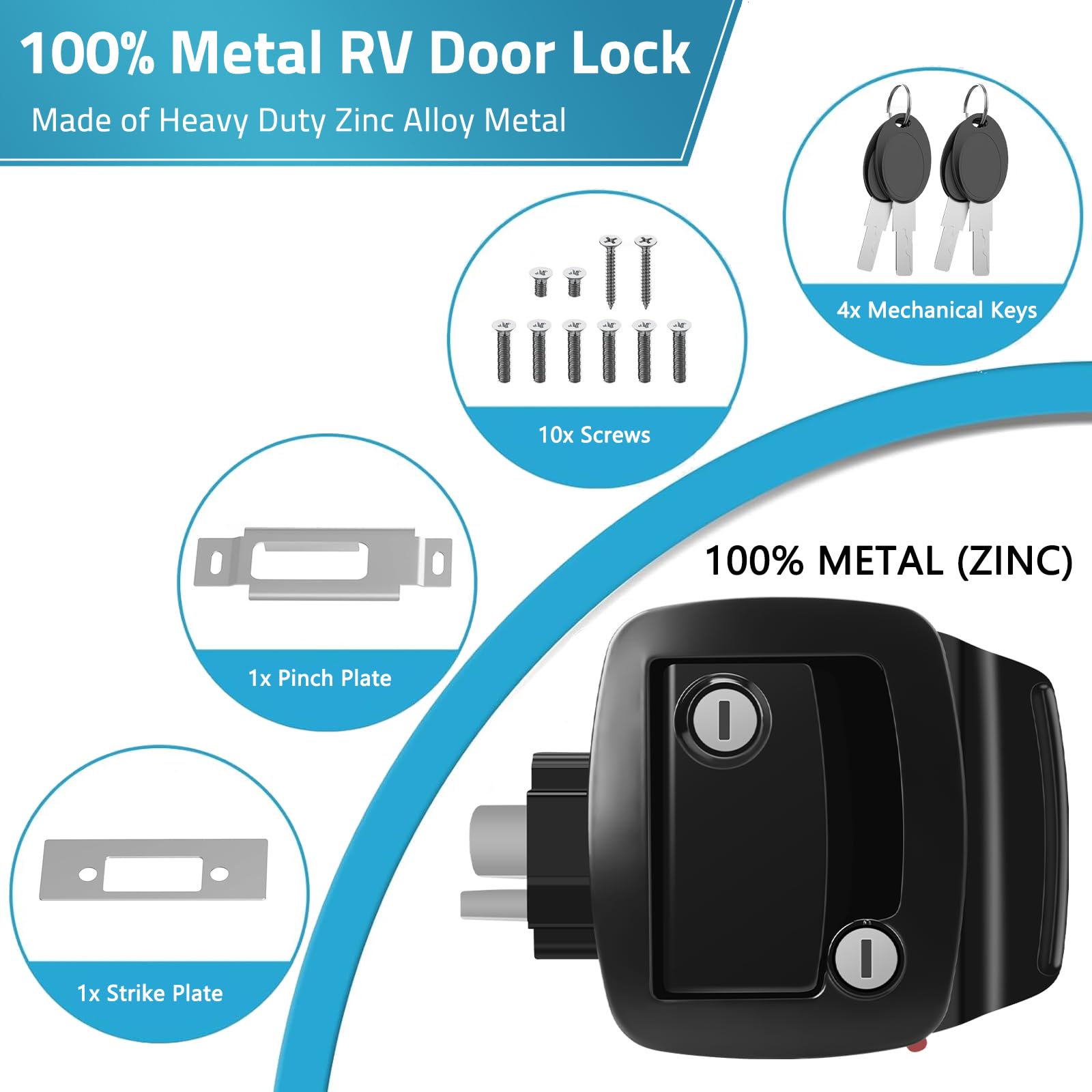 Paulinn Heavy Duty Rv Door Lock Replacement - Black Zinc Alloy Paddle Deadbolt Lock, Ip67 Waterproof Camper Door Lock With 4 Key