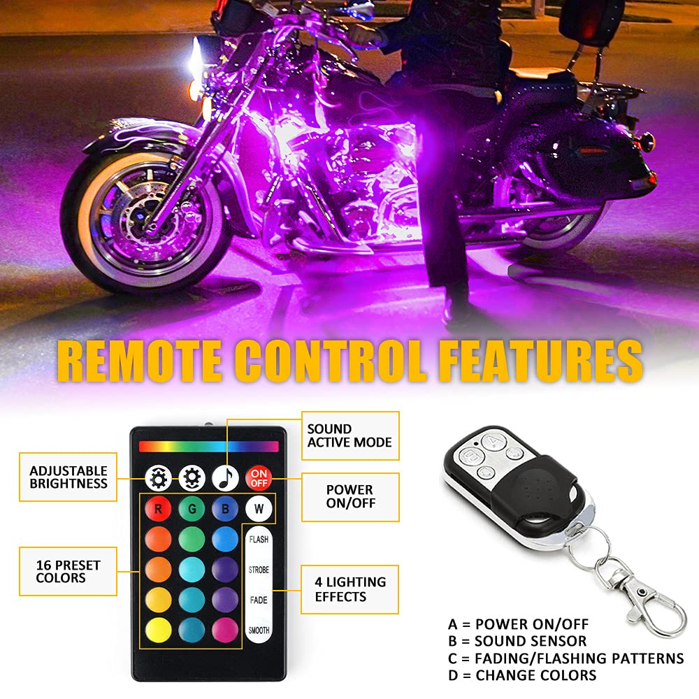 Xprite Motorcycle Rgb Led Light Kit Waterproof W/Wireless Remote Control Underglow Neon Lights Strips Red Brake Lamp Function For Harley Davidson Honda Kawasaki Suzuki 8Pcs