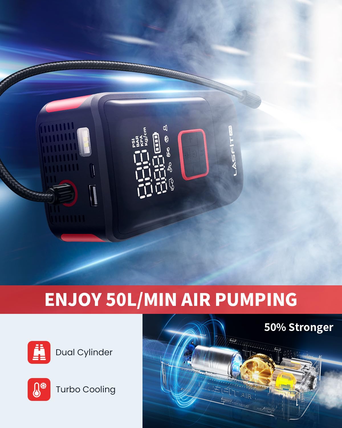 Lasfit Tk1 Tire Inflator Portable Air Compressor [Fit Pickup Truck & Large Tires] Air Pump For Car Tires W/Digital Pressure Gaug