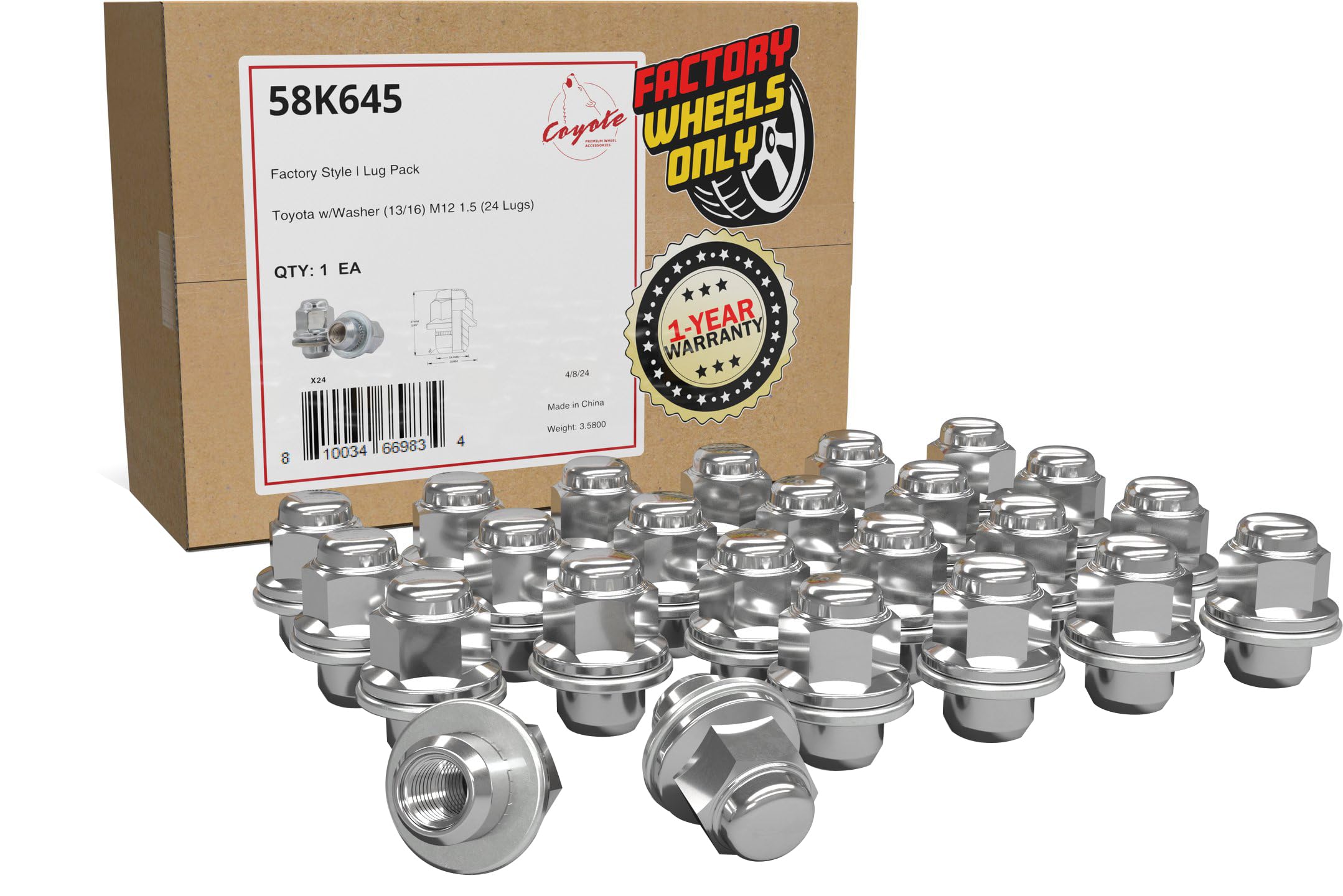Wheel Accessories Parts 24 Pcs M12x1.5 12x1.5 Thread OEM Factory Style Lug Nuts 1.5 Long Chrome 13/16 21mm Hex Hex Fits Toyota 2