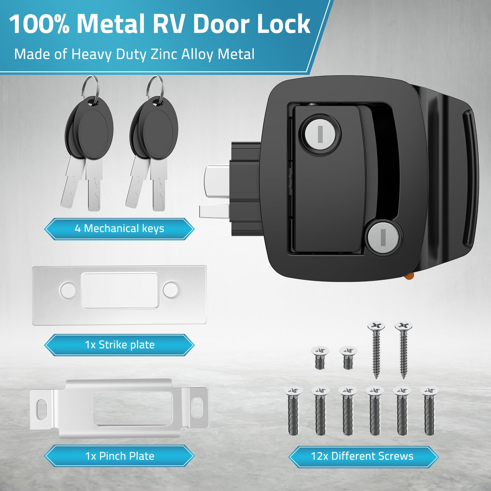 Paulinn Rv Door Lock Replacement - Black 100% Paddle Deadbolt Lock, Ip67 Waterproof Camper Door Lock With 4 Keys For Horse Trail