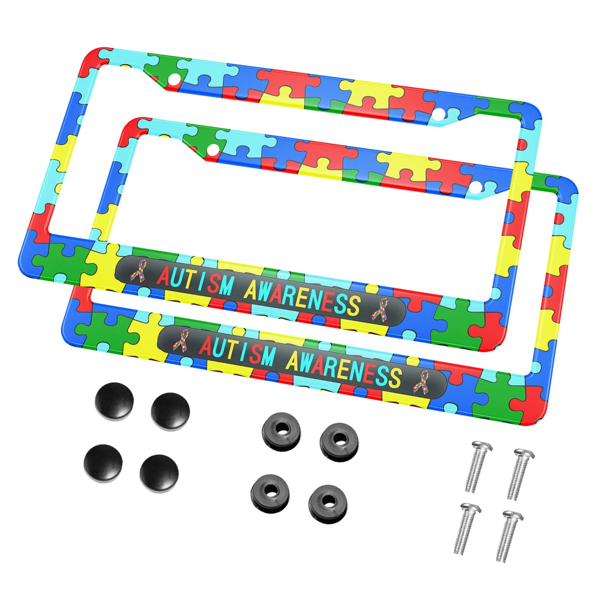 Hosnye Autism Awareness License Plate Frame Colorful Puzzle Ribbons Metal 2 Pcs 2 Holes Black Licenses Plates Frames Front Licen