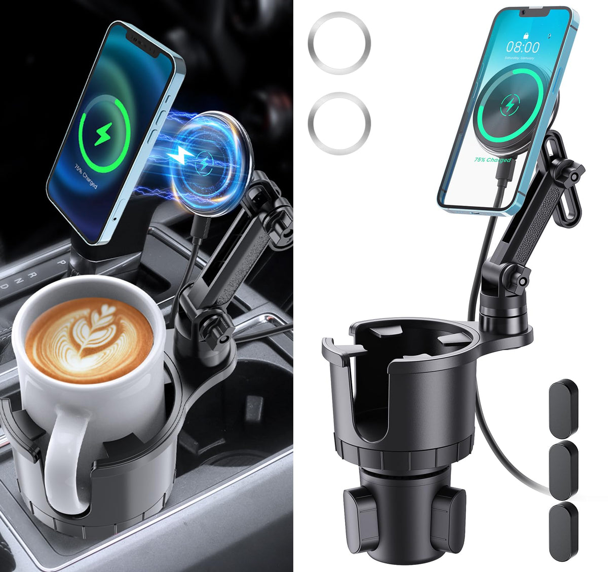 Magnetic Wireless Cup Phone Holder for Magsafe Car Mount Charger 15W Fast Charging Cell Phone Stand with Expandable Base for iPh