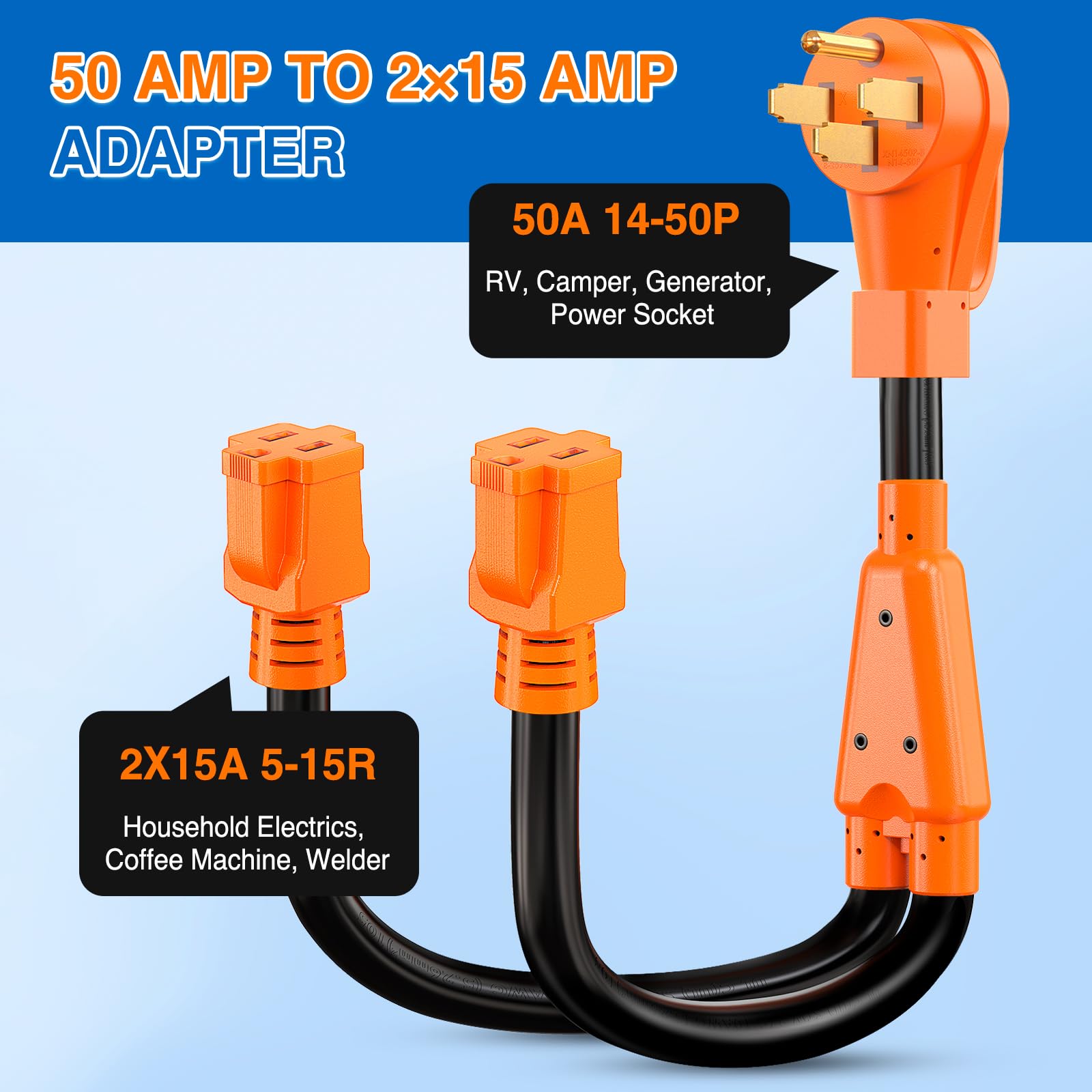 Nilight 50 Amp To 15 Amp Rv Y Splitter Adapter Cord 50A Male Plug To Two 15A Female 125V Household Outlet Nema 14-50P 5-15R Pure