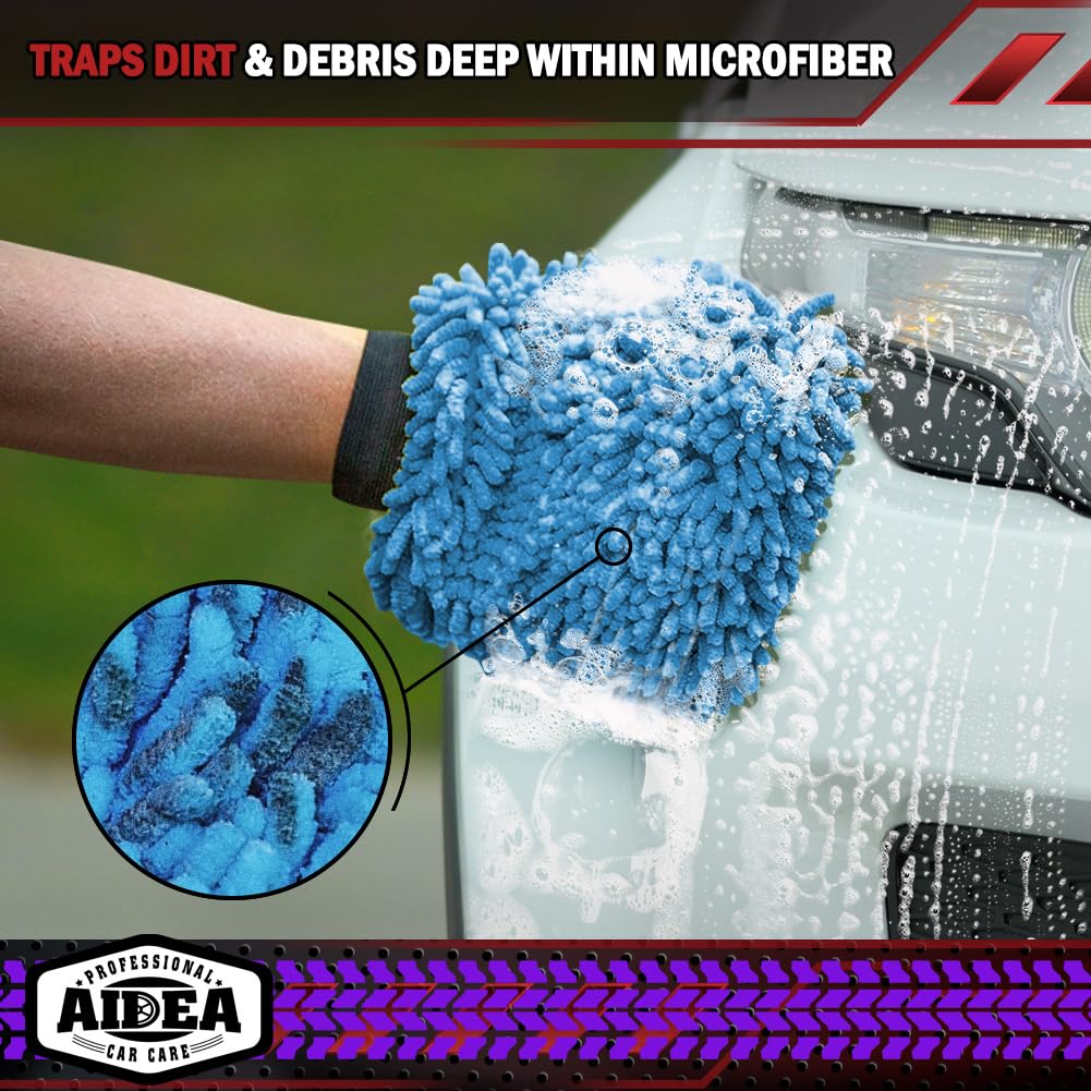 Aidea Car Wash Mitt Microfiber2Pk, Scratch-Free& Lint-Free, Premium Chenille Microfiber Wash Mitt-Blue Extra Large Size (8''X12'