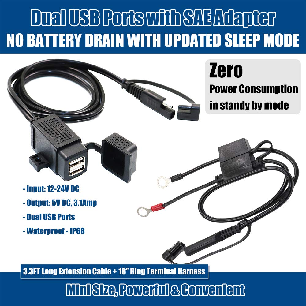Motopower Mp0609Ea 3.1Amp Waterproof Motorcycle Dual Usb Kit Sae To Usb Adapter Cable With Sae Ring Terminal Cable Harness