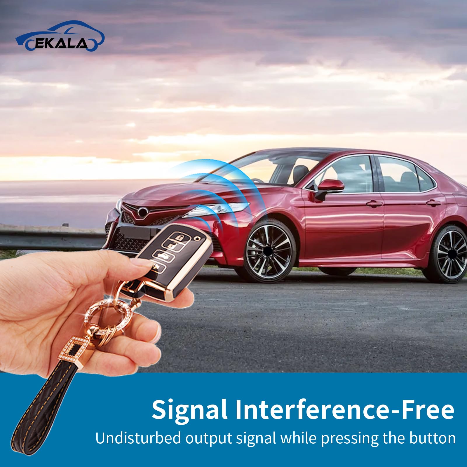 EKALA for Toyota Key Fob Cover with Leather Keychain 4 Buttons Soft TPU Key Case Shell Fit for Toyota Camry Avalon Corolla Highl