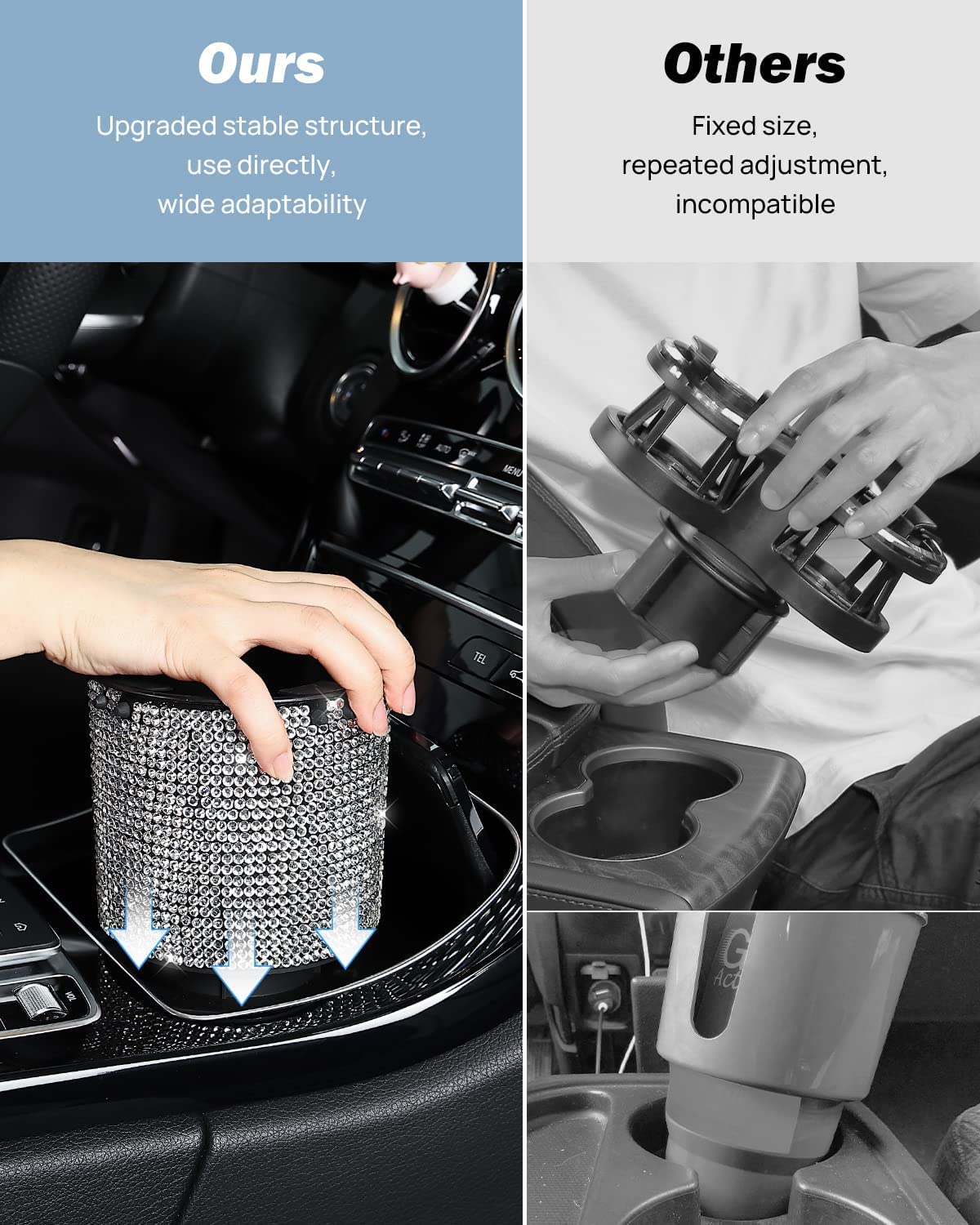 Joytutus Upgraded Car Cup Holder Expander With Offset Base, Compatible With Yeti, Hydro Flask, Large Cup Holder Expander For Car Hold 18-40 Oz Bottles And Mugs, Other Bottles In 3.4-3.8(Bling)