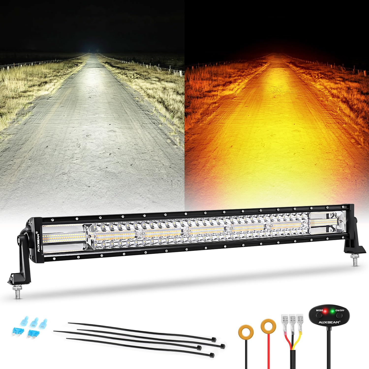 Auxbeam 6 Modes Amber White Series, 30 Inch 180W Led Light Bar Dual Color Flash Strobe Light, Spot Flood Combo Emergency Off-Roa