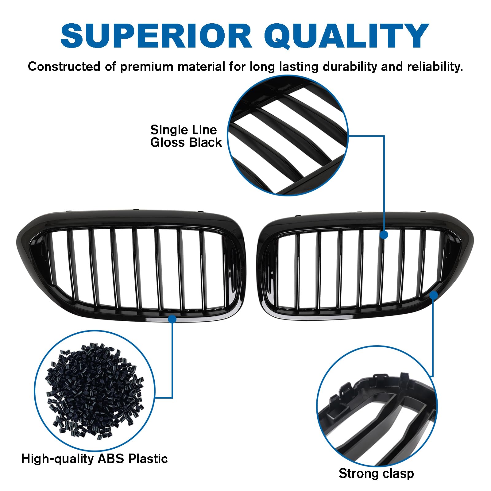 BILLDIO G30 Black Kidney Grill for BMW 5 Series 2017-2020, Single Slat, ABS Plastic, Gloss Black Finish