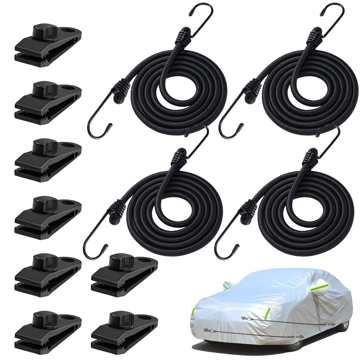 Beterny 4Pcs 50 Inch Car Cover Gust Straps, Heavy Duty Wind Protector Bungee Cords Hook Clips Kit Fit For Most Cars, Sedans, Suv