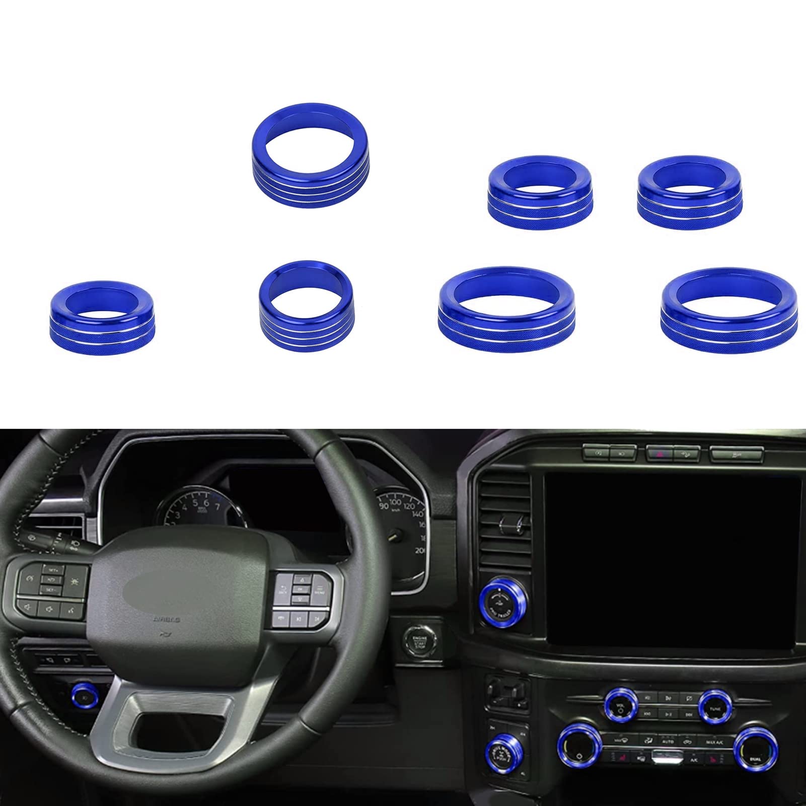 Keptrim For Ford F150 2021 2022 2023 Knob Air Conditioner Switch & Trailer & 4Wd & Vol & Headlight Button Ring Trim, Blue Alumin