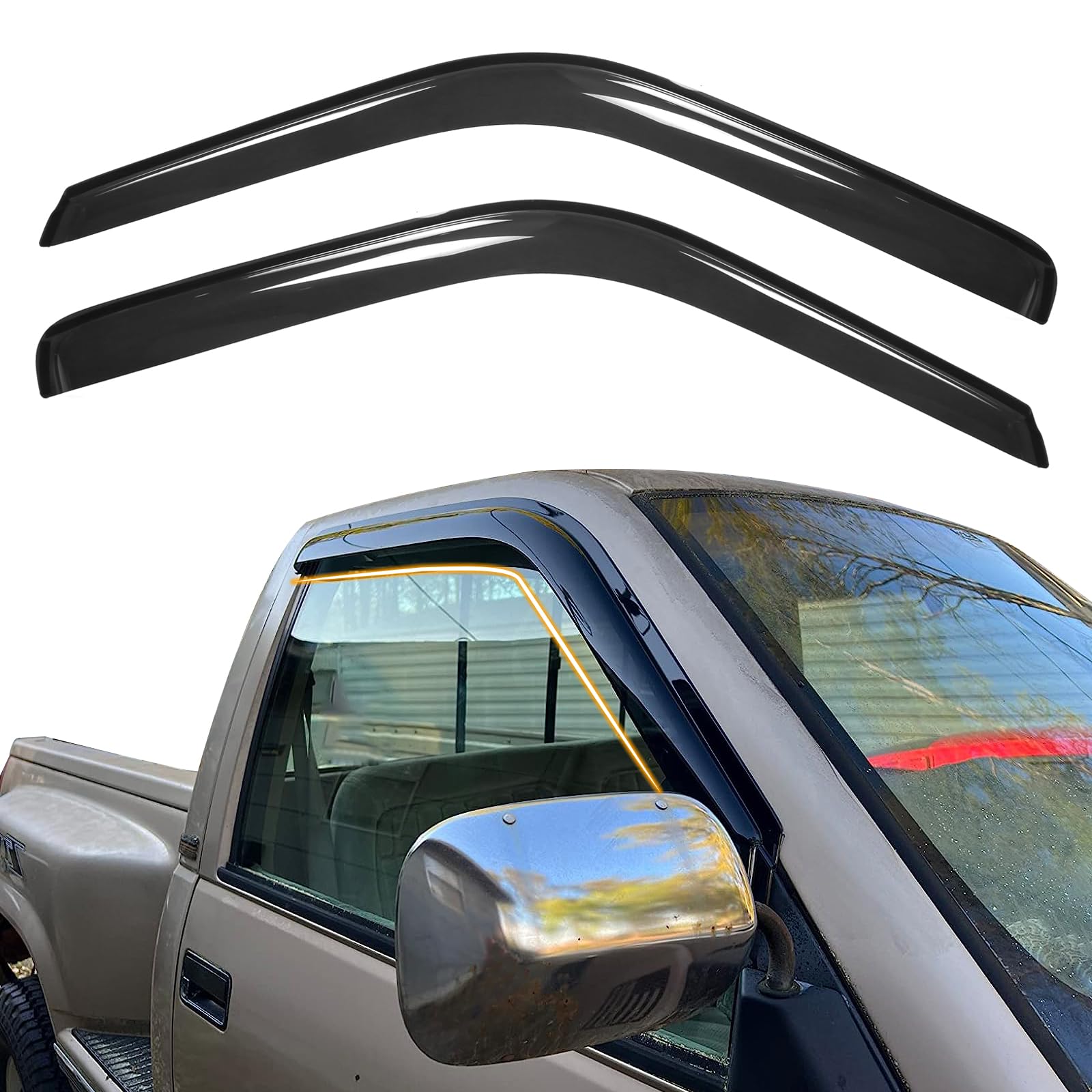 Tape On Window Visor Deflectors Compatible With 1988-1998 Chevy C & K Reg Cab Pickup, Acrylic Slim Style Smoke Tinted Window Rai