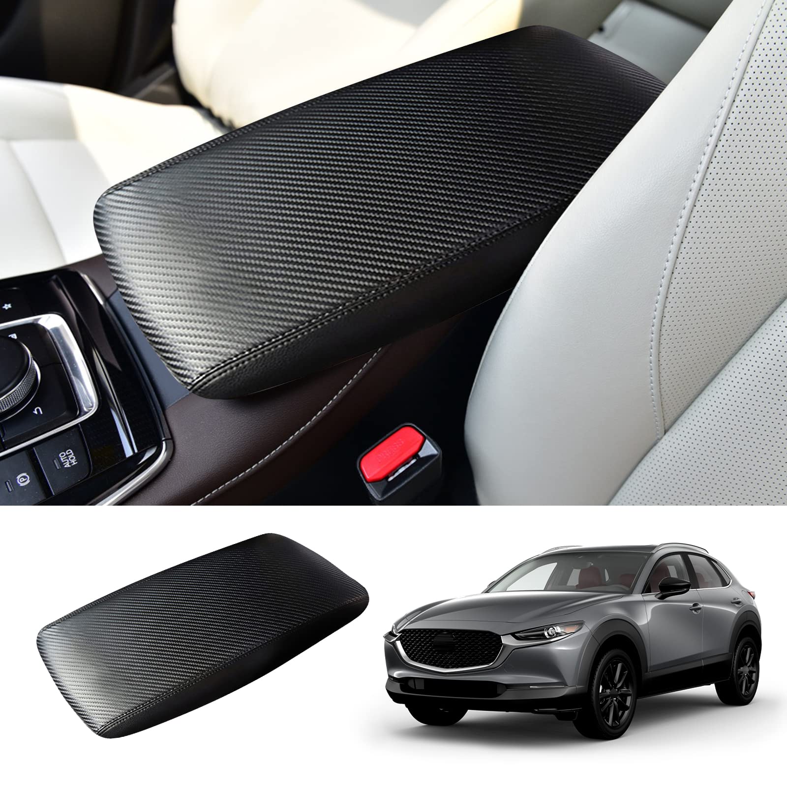 Coleya 2020-2023 2024 Cx-30 Armrest Cover For Mazda Cx-30 Console Armrest, Waterproof&Scratch-Resistant Lether Center Console Cover For 2022 2023 2024 Mazda Cx30 Accessories (Black-Carbon Fiber)