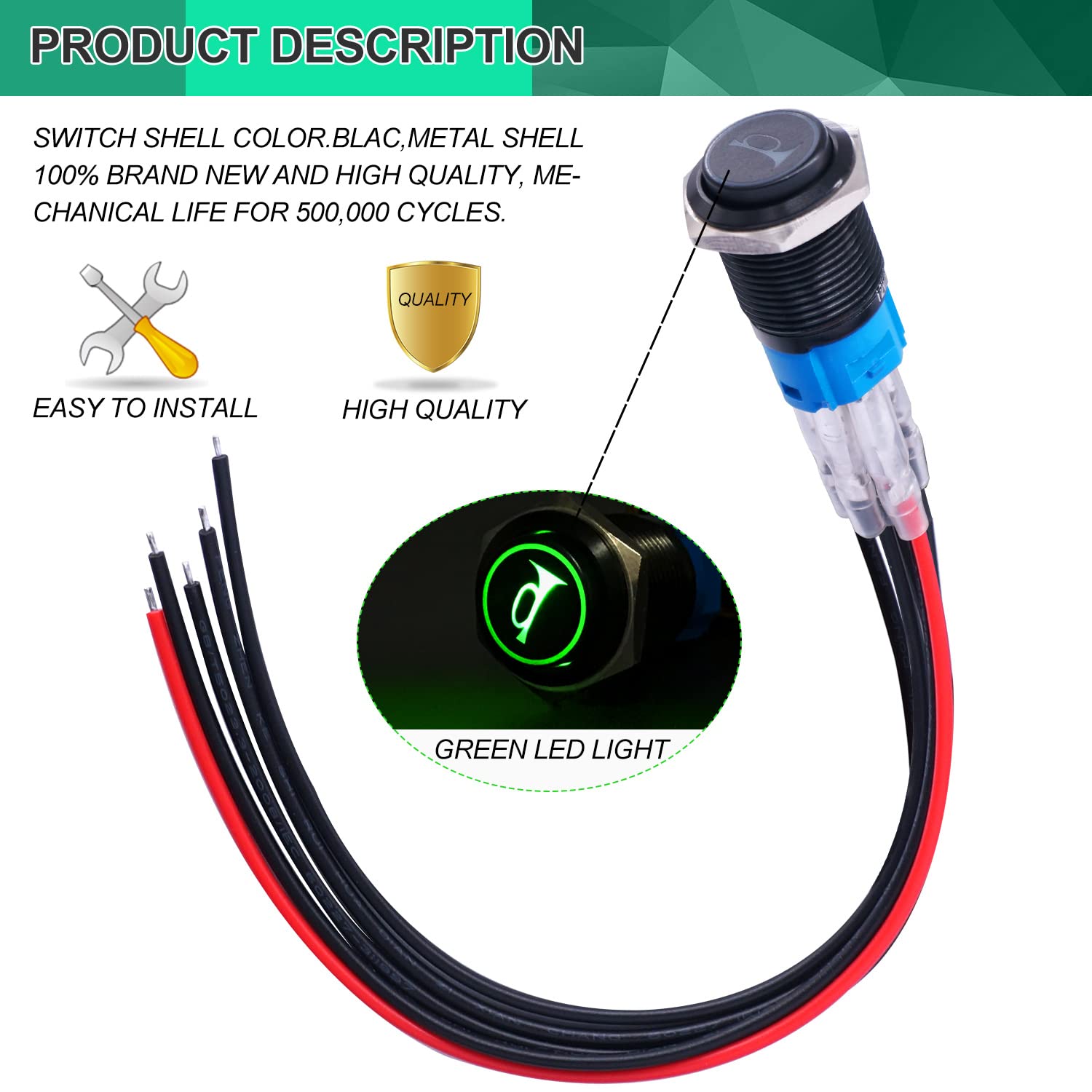 Twidec/16Mm Raised Speaker Horn Momentary Push Button Switch 5/8" Mounting Hole 12V Green Led Light Black Stainless Steel Shell 1No 1Nc Spdt With Pre-Wiring Wires Switch For Car Modification Bkg16Lb-G