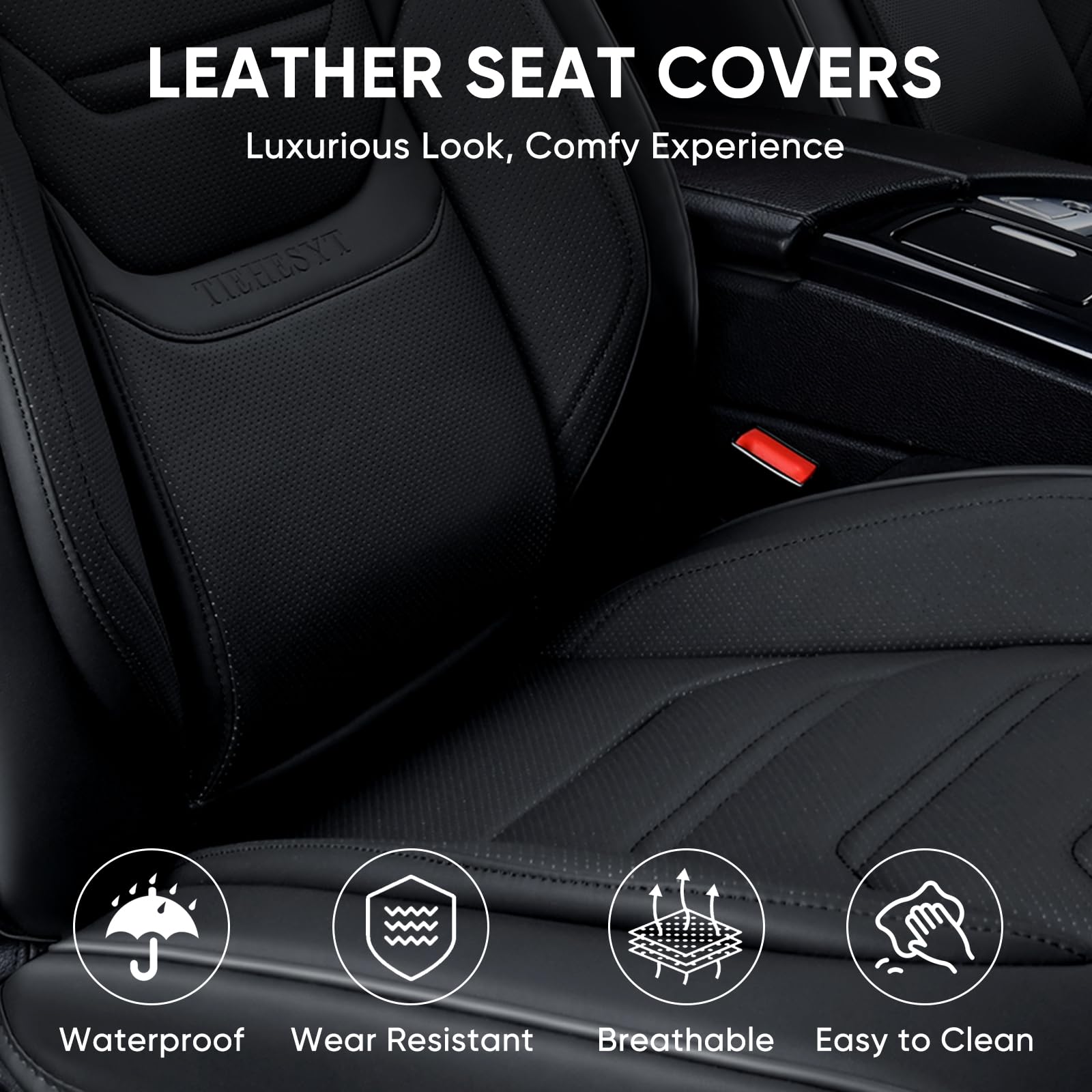 Tiehesyt Black Car Seat Covers Front Pair, Breathable Leather Automotive Front Seat Covers & Headrest For Comfortable Driving, U