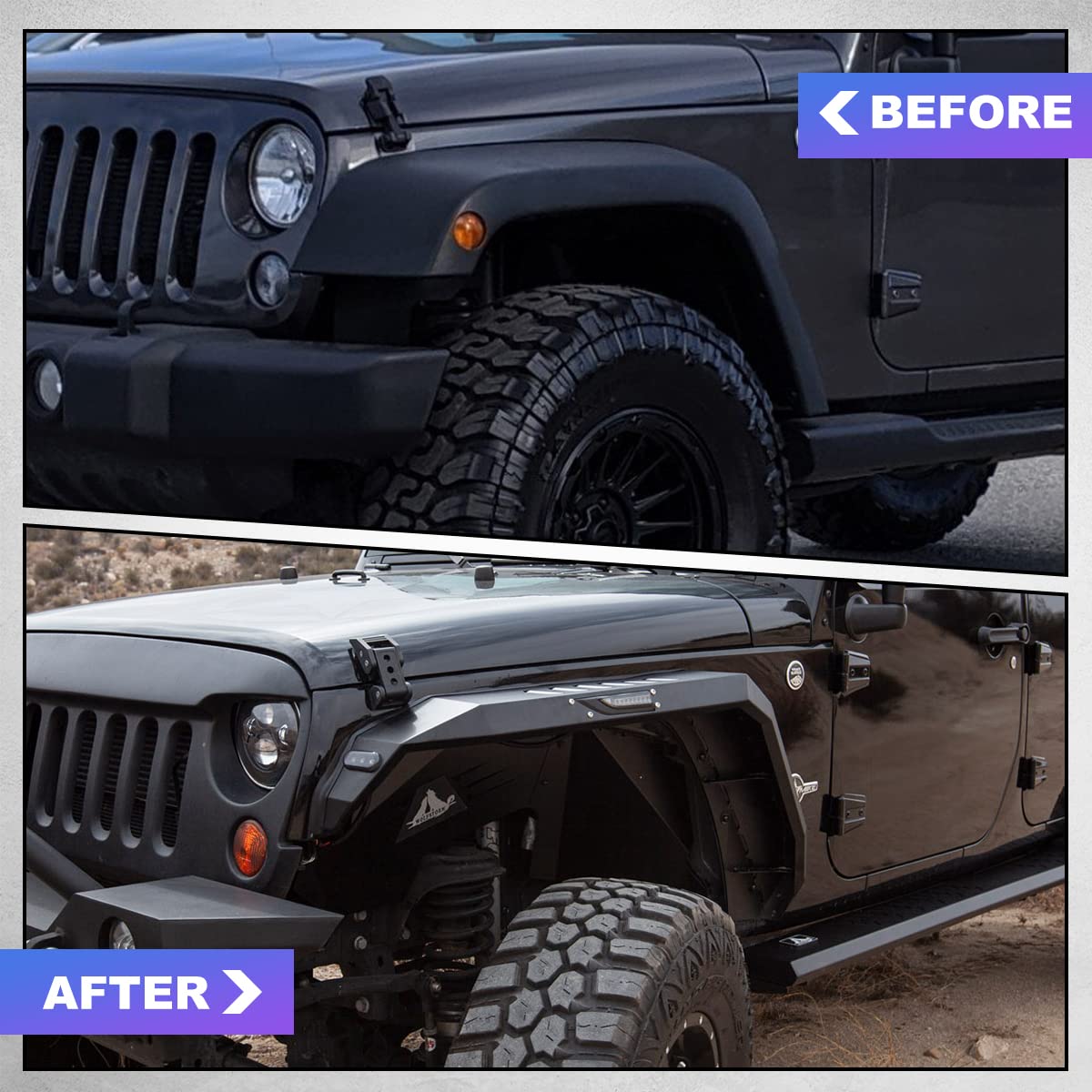 Wolfstorm Front Fender Flares Fit For 2007 2008 2009 2010 2011 2012 2013 2014 2015 2016 2017 2018 Jeep Wrangler Jk/Jku 2-Doors & 4-Doors Heavy Duty Steel Front Wheel Flares (Front)